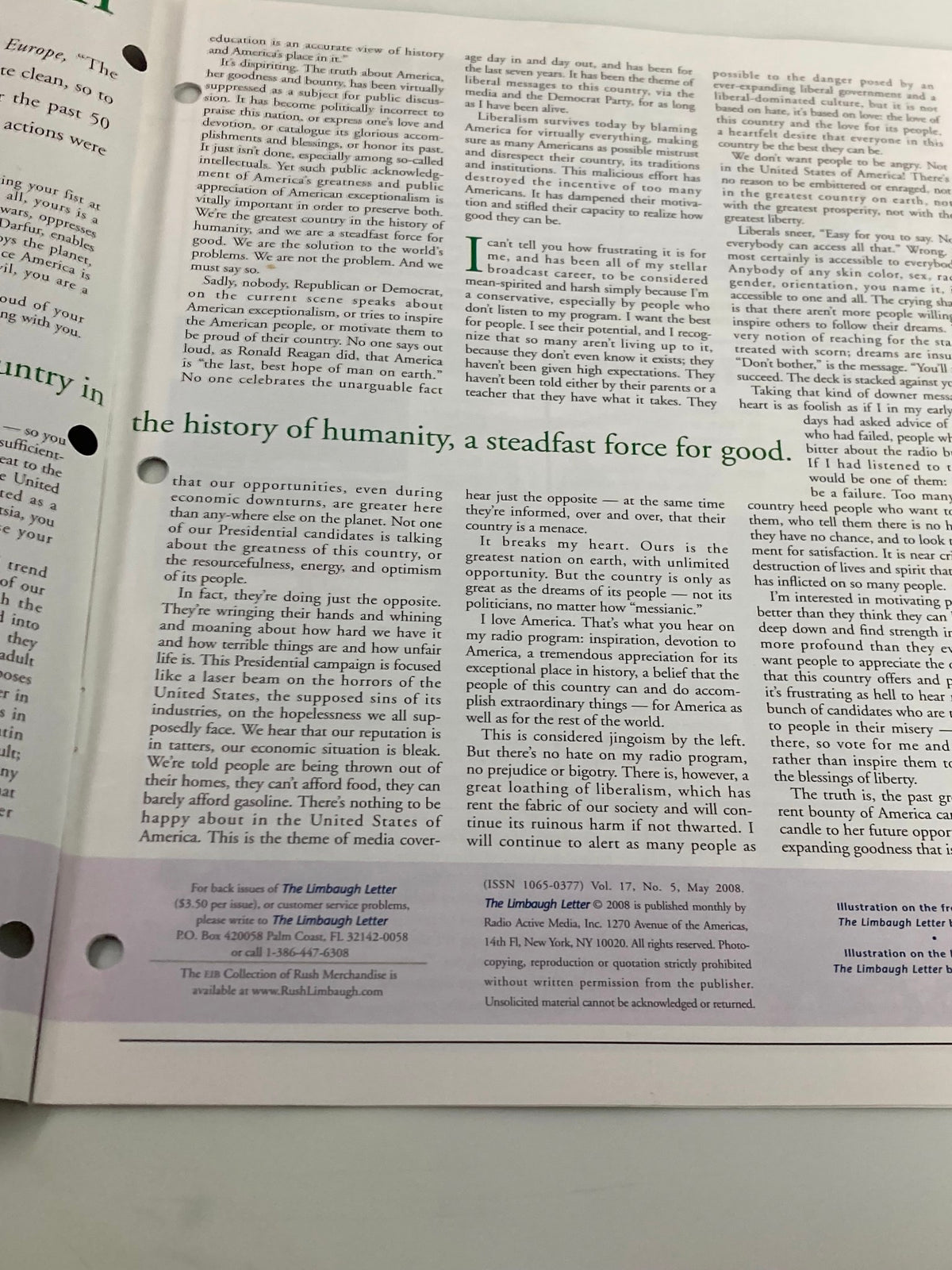 Interior page of the Rush Limbaugh Letter Newsletter Magazine May 2008, focusing on the theme 'The History of Humanity' and its relevance to contemporary issues.