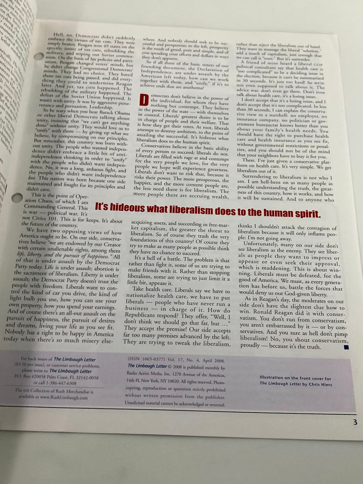 Rush Limbaugh Letter Newsletter April 2008 interior page discussing the impacts of liberalism, featuring critical analysis and Rush Limbaugh's perspectives.