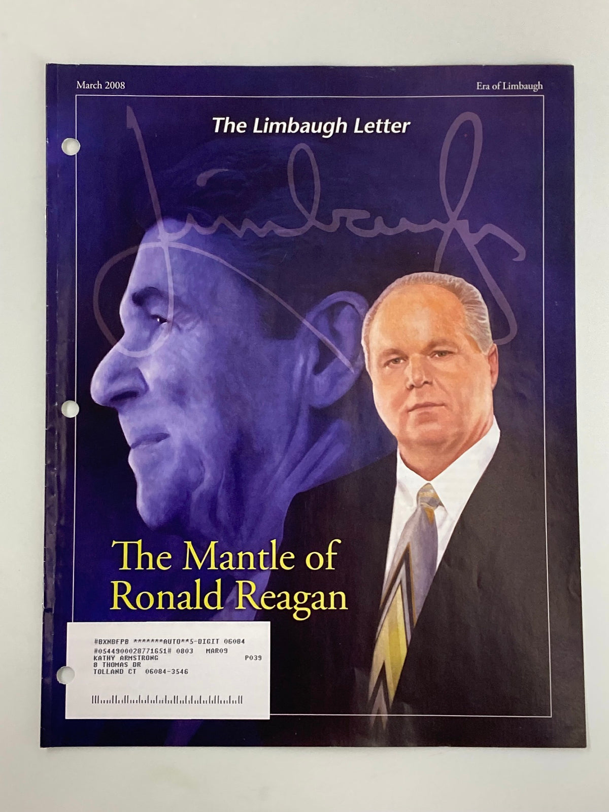 Rush Limbaugh Letter Newsletter Magazine March 2008 cover featuring a portrait of Rush Limbaugh and a profile image of Ronald Reagan, highlighting the theme 'The Mantle of Ronald Reagan'.