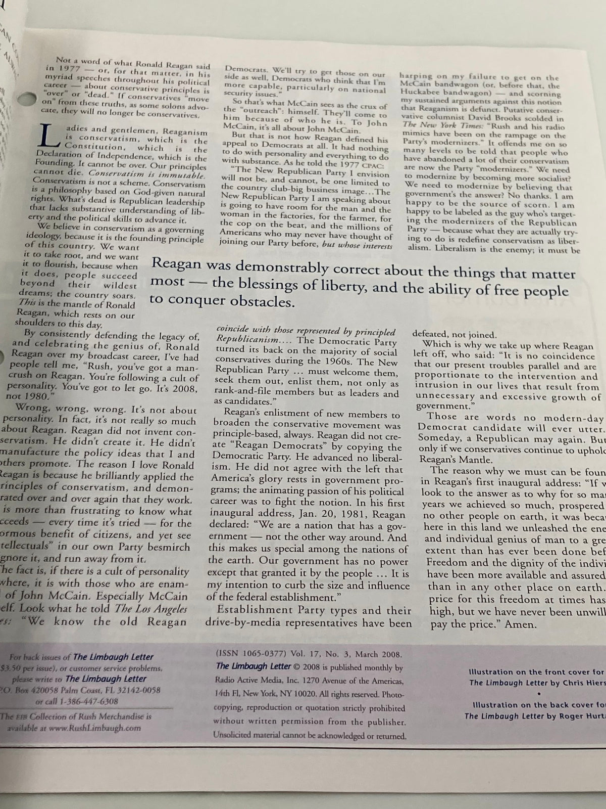 Another interior page of the Rush Limbaugh Letter Newsletter Magazine March 2008, detailing the analysis of Ronald Reagan's influence on American conservatism and the political landscape.