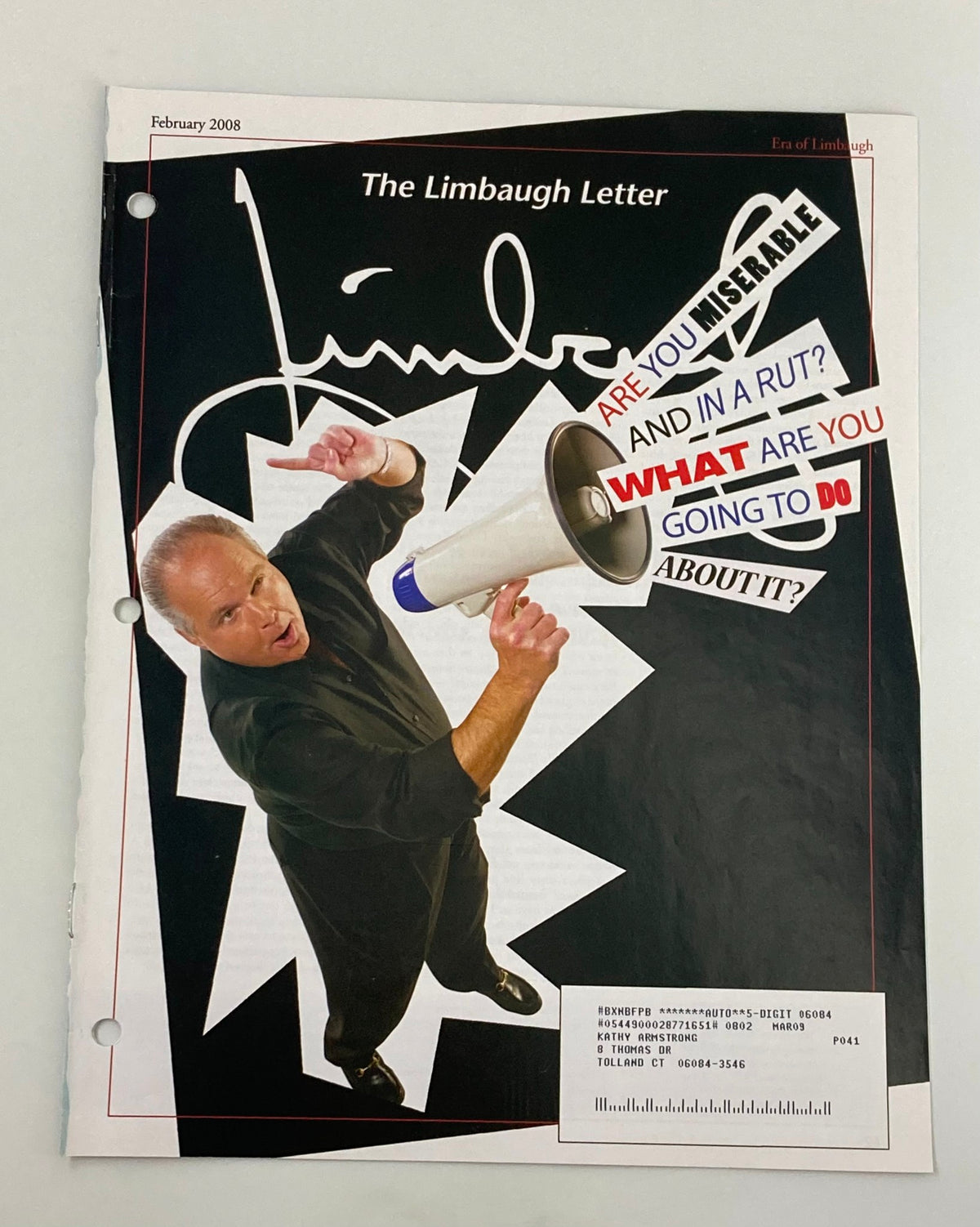 Rush Limbaugh Letter Newsletter Magazine February 2008 cover featuring Rush Limbaugh with a megaphone and bold commentary questions.