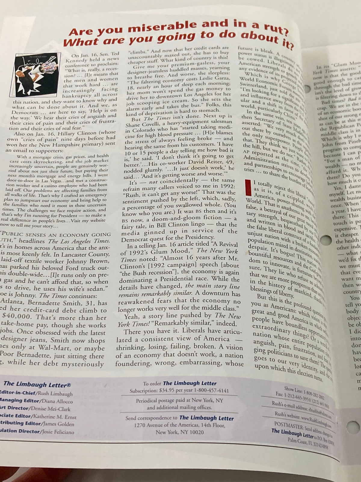 Inside page of Rush Limbaugh Letter Newsletter Magazine February 2008 discussing political commentary and issues of the time.