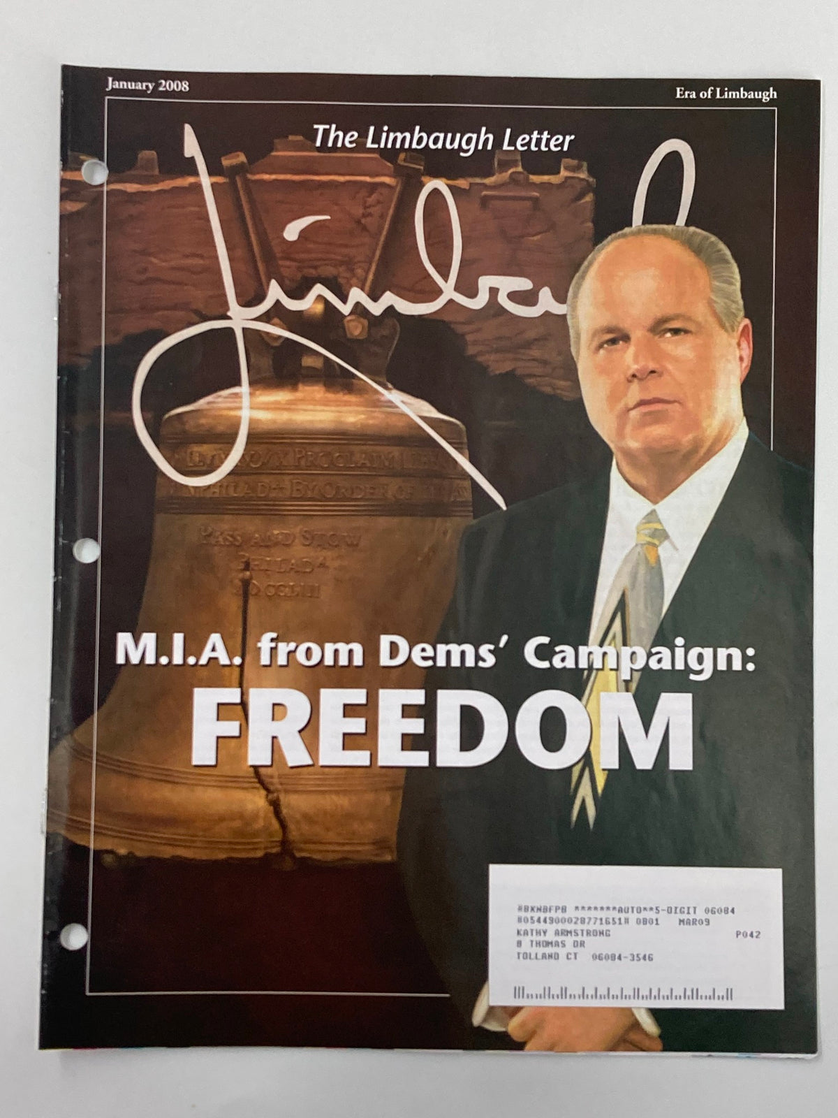 Cover of Rush Limbaugh Letter Newsletter Magazine January 2008, featuring the title 'M.I.A. from Dems' Campaign: FREEDOM' with a photograph of Rush Limbaugh.