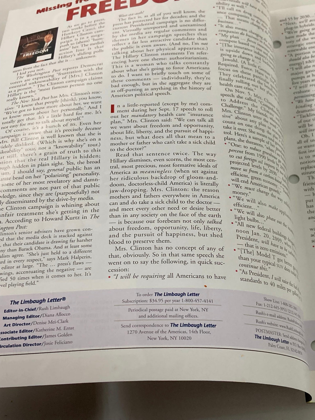 Interior page of Rush Limbaugh Letter Newsletter Magazine January 2008 showcasing political commentary under the title 'M.I.A. from Dems' Campaign: FREEDOM'.
