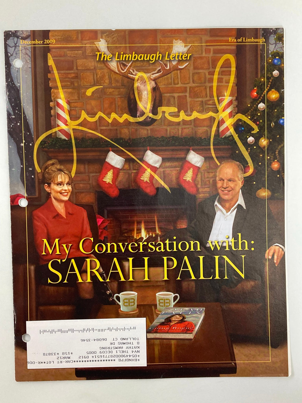 Rush Limbaugh Letter Newsletter December 2009 featuring a cover image of Rush Limbaugh and Sarah Palin by a fireplace with holiday decorations, showcasing their conversation.
