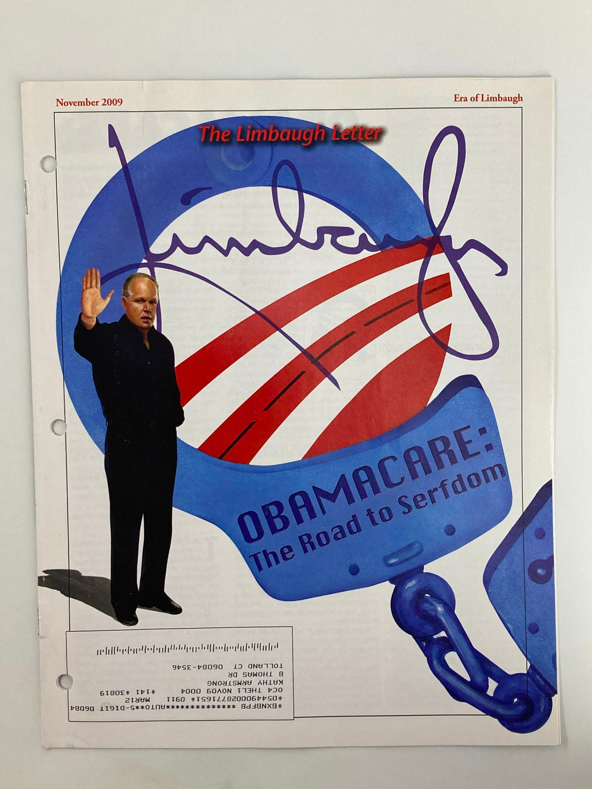 Cover of Rush Limbaugh Letter Newsletter Magazine November 2009 featuring a political theme on Obamacare with Rush Limbaugh's signature.