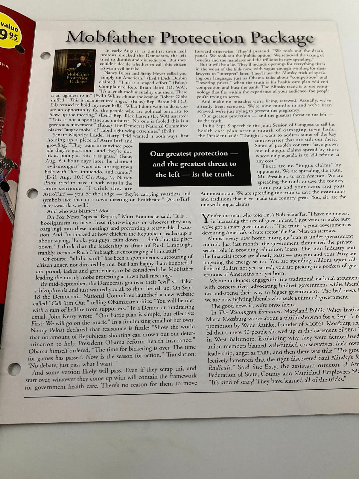 Interior page of the Rush Limbaugh Letter Newsletter October 2009, detailing the 'Mobfather Protection Package' with insightful political commentary and engaging text.