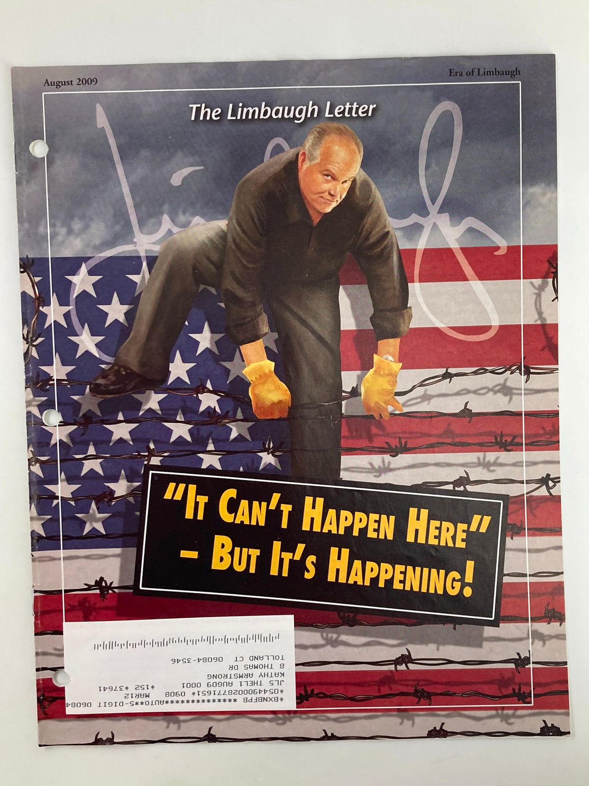 Rush Limbaugh Letter Newsletter Magazine cover from August 2009 titled 'It Can't Happen Here' featuring a man on an American flag background.