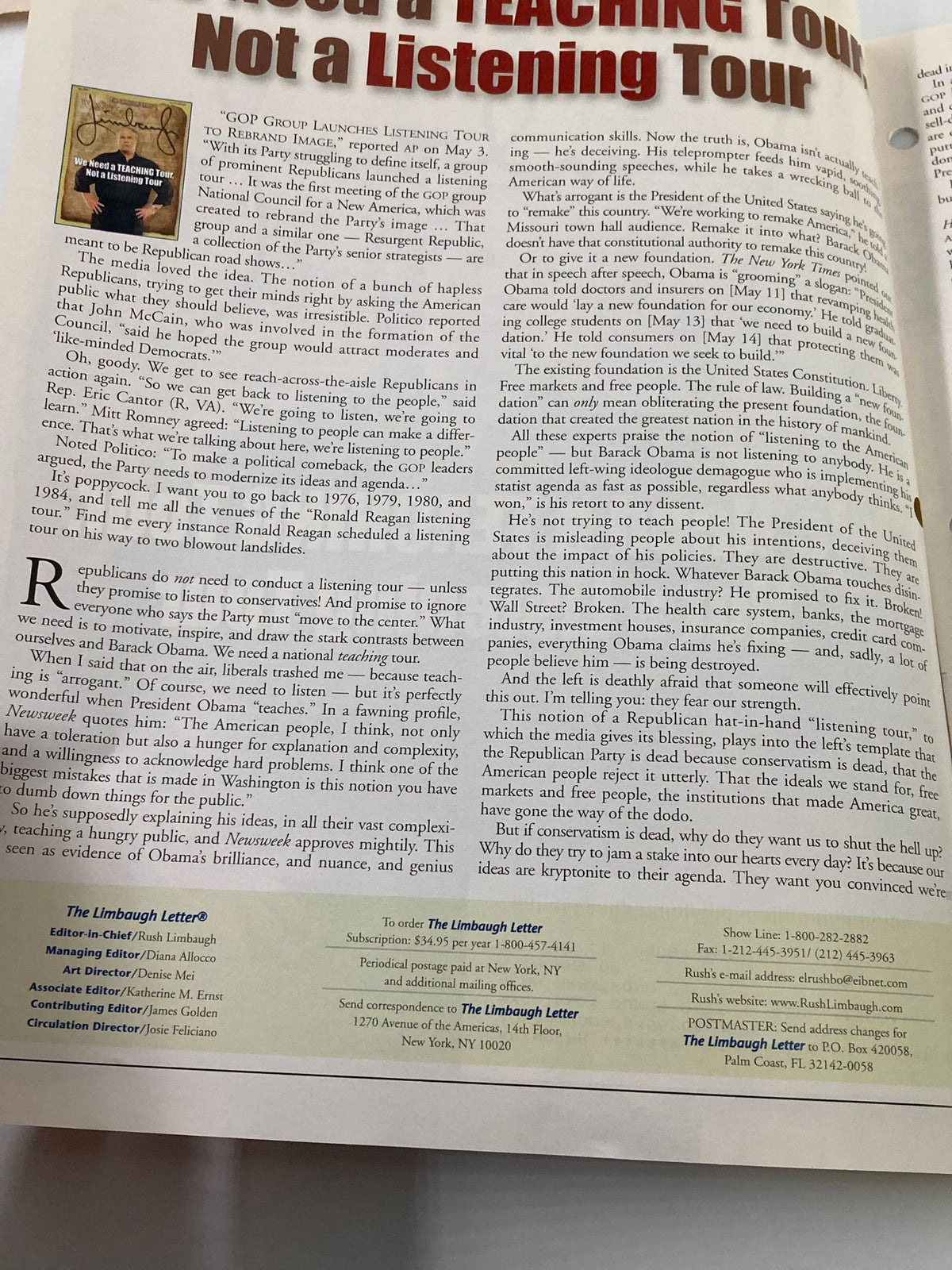 Interior page of the Rush Limbaugh Letter Newsletter Magazine June 2009, highlighting the article titled 'We Need a TEACHING Tour, Not a Listening Tour'.