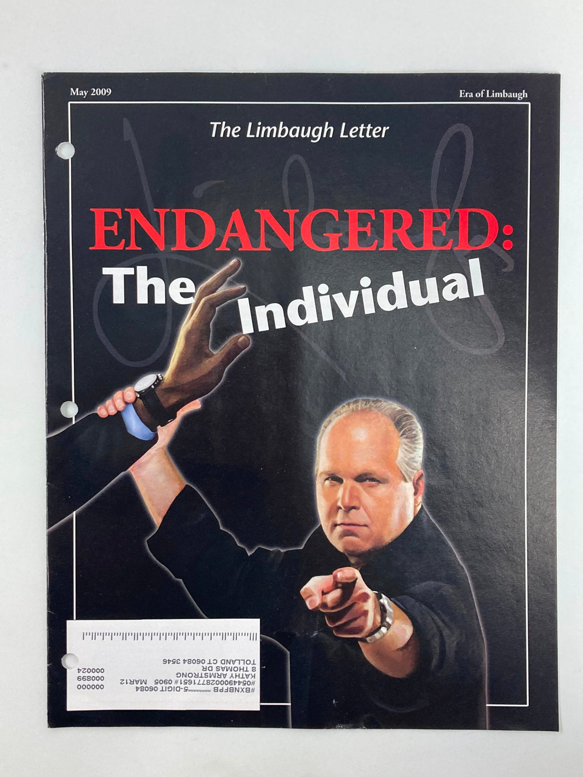 Cover of Rush Limbaugh Letter Newsletter Magazine from May 2009, titled 'ENDANGERED: The Individual', featuring a prominent image of Rush Limbaugh.