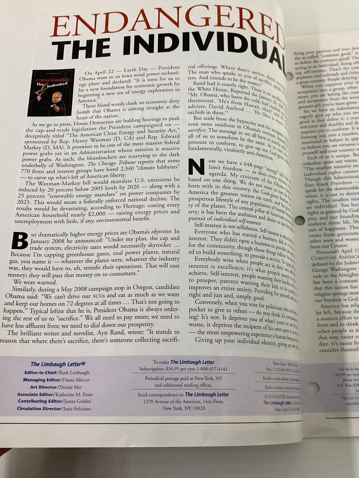 Interior page of the Rush Limbaugh Letter Newsletter Magazine May 2009 featuring an article titled 'Endangered: The Individual'. The article discusses individualism and government intervention in the context of Barack Obama's presidency.