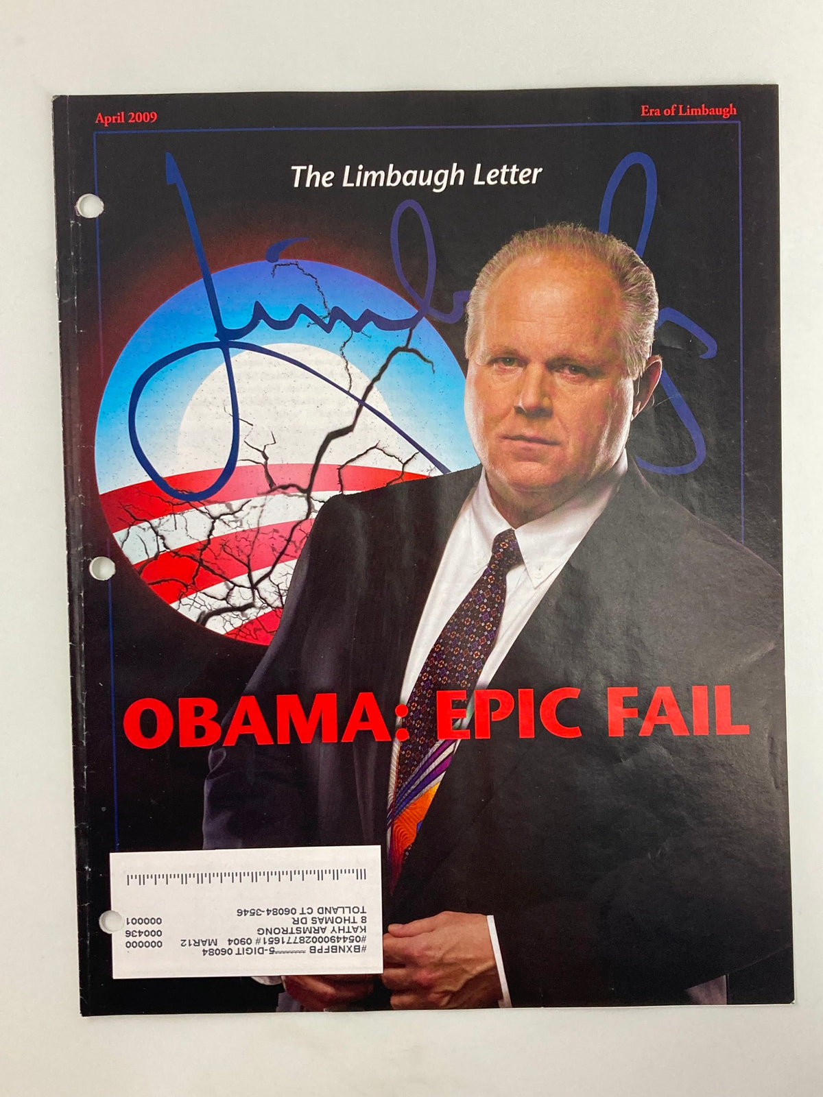 Cover of the Rush Limbaugh Letter Newsletter Magazine from April 2009 titled 'Obama: Epic Fail', featuring a portrait of Rush Limbaugh against a backdrop that reflects political themes of the era.
