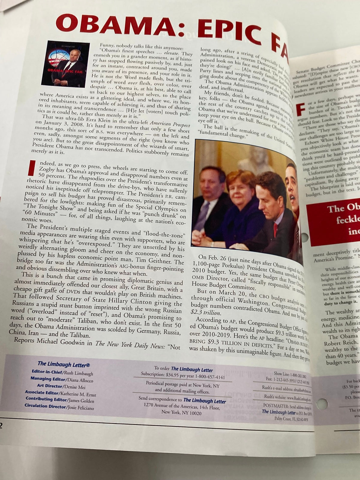 Inside page of the Rush Limbaugh Letter Newsletter Magazine from April 2009, featuring an article titled 'Obama: Epic Fail,' discussing political commentary during Barack Obama's presidency.