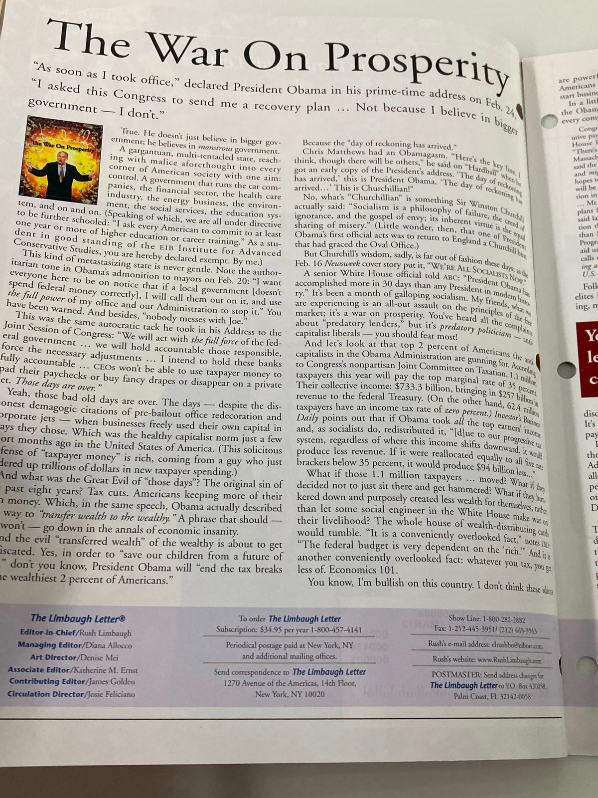 Interior page of Rush Limbaugh Letter Newsletter Magazine March 2009 discussing 'The War On Prosperity' with commentary on President Obama's policies.