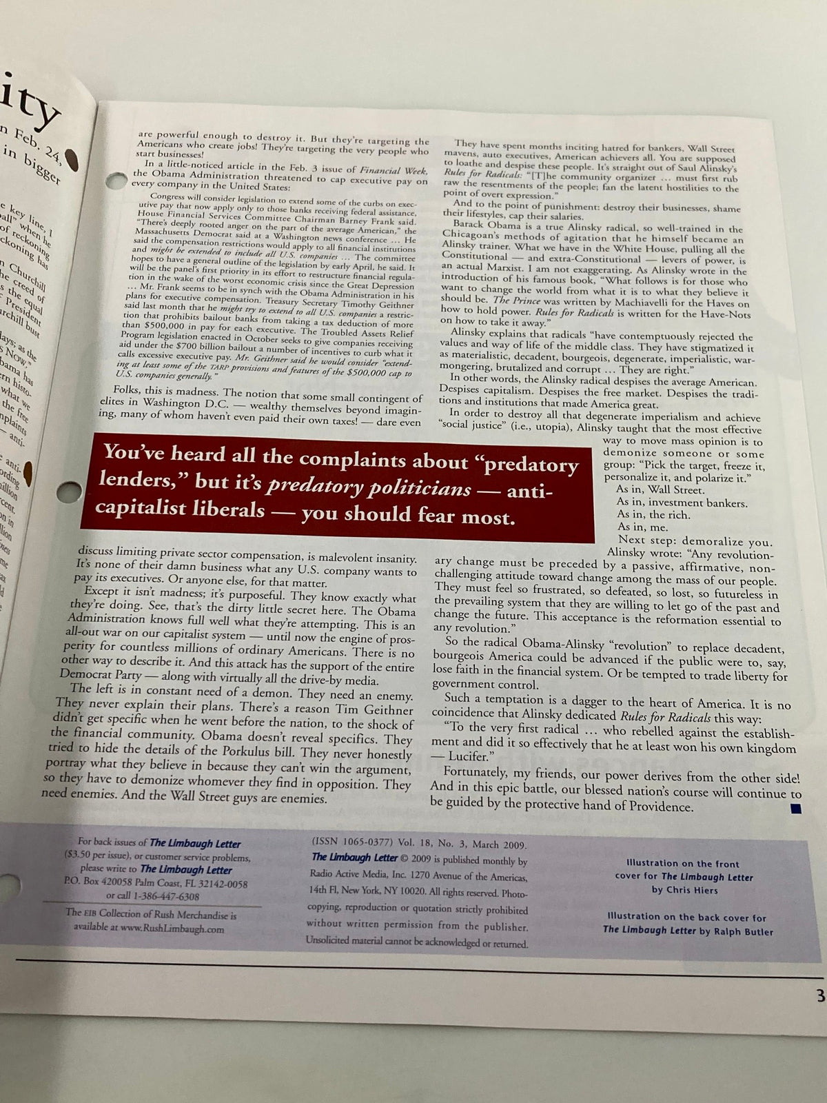 Another interior page of Rush Limbaugh Letter Newsletter Magazine March 2009 continuing the discussion on 'predatory politicians' and anti-capitalist liberals in relation to 'The War On Prosperity'.