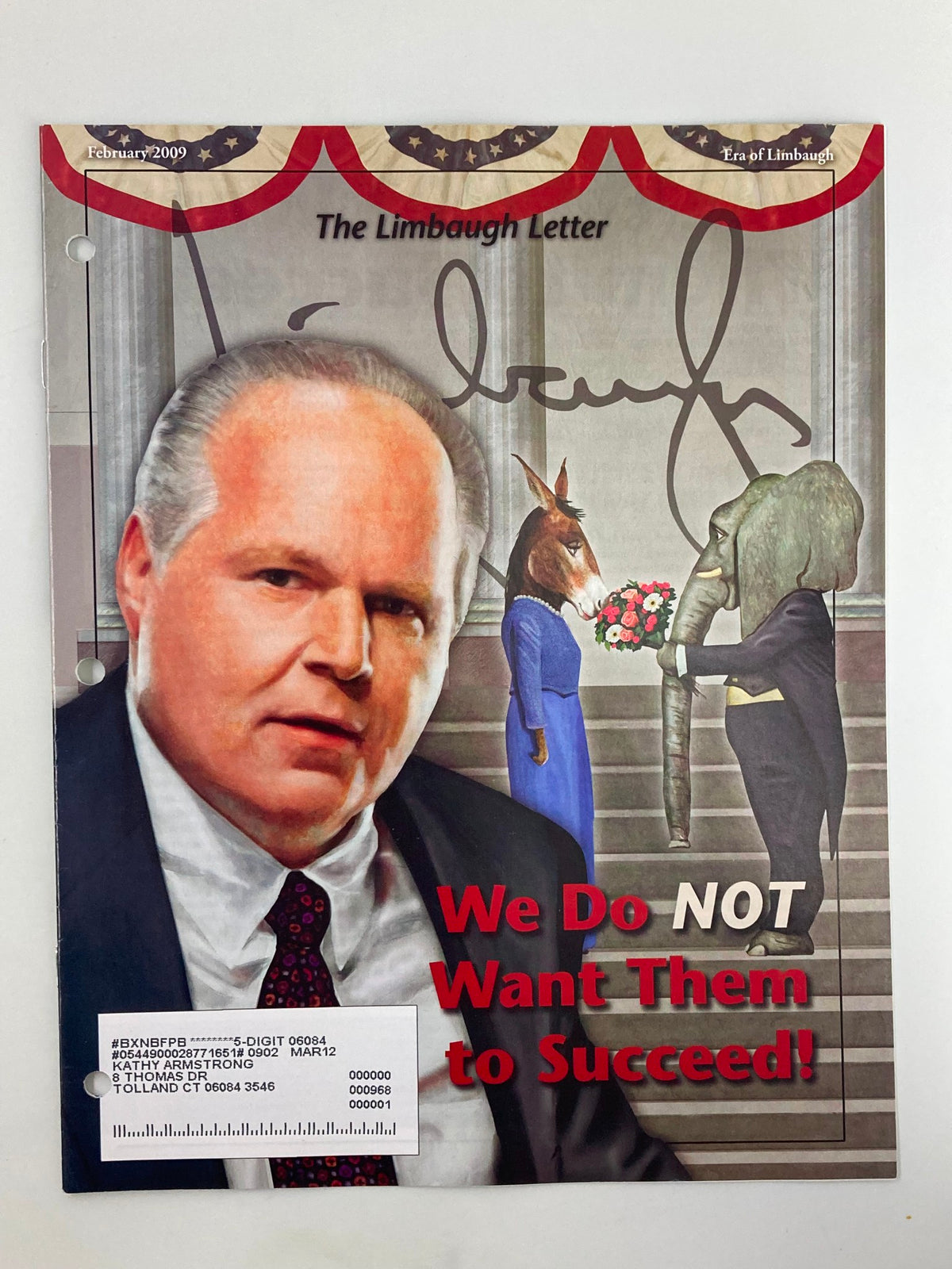 Cover of the Rush Limbaugh Letter Newsletter Magazine from February 2009, featuring a prominent image of Rush Limbaugh along with political caricatures, captioned 'We Do NOT Want Them to Succeed!'