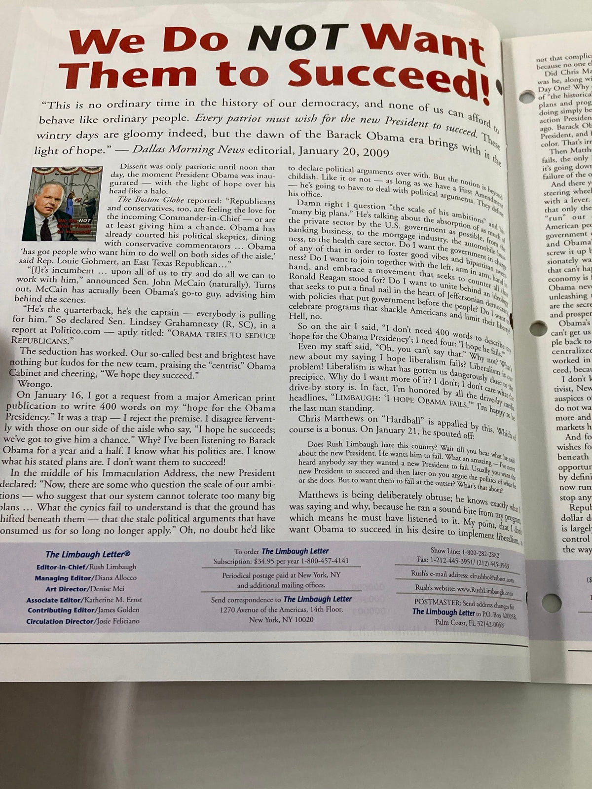 Rush Limbaugh Letter Newsletter Magazine February 2009 - We Do NOT Want Them To Succeed! Insightful commentary on political issues from January 20, 2009, featured in a vintage newsletter.