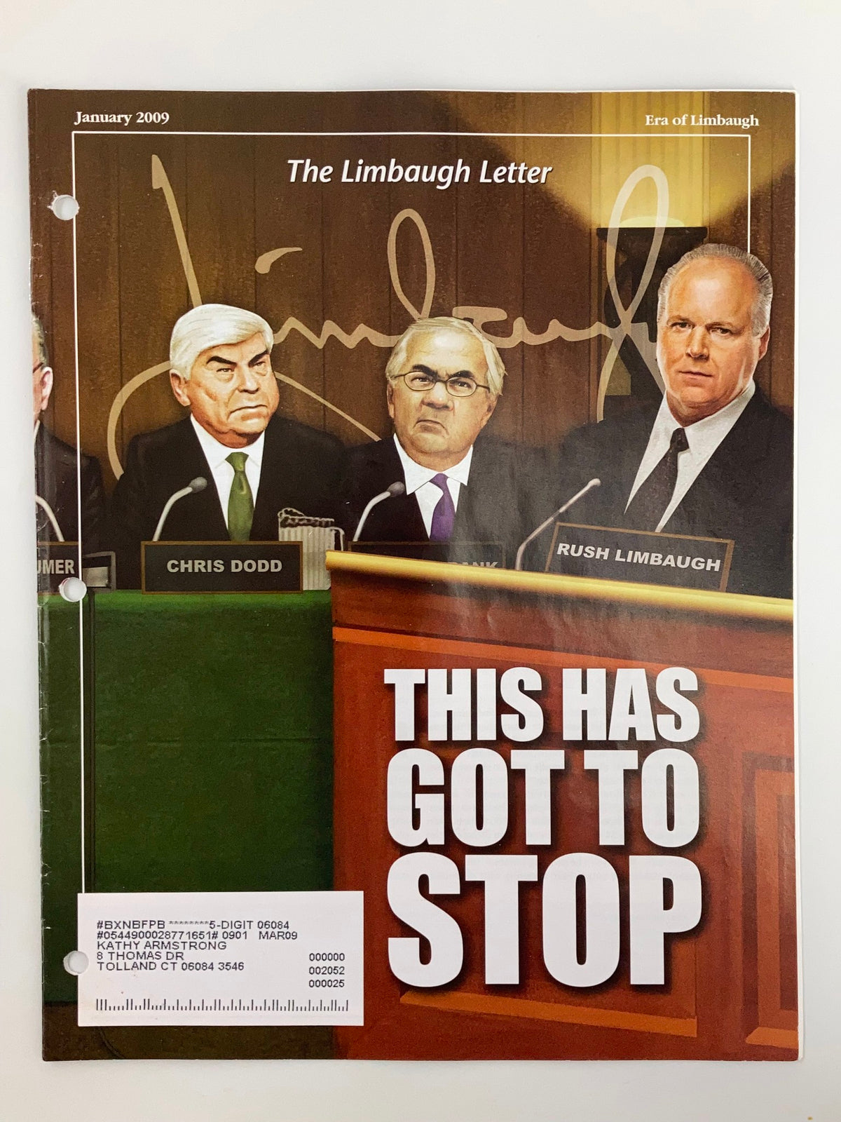 Rush Limbaugh Letter Newsletter January 2009 cover featuring Chris Dodd, Rush Limbaugh, and the headline 'THIS HAS GOT TO STOP'.