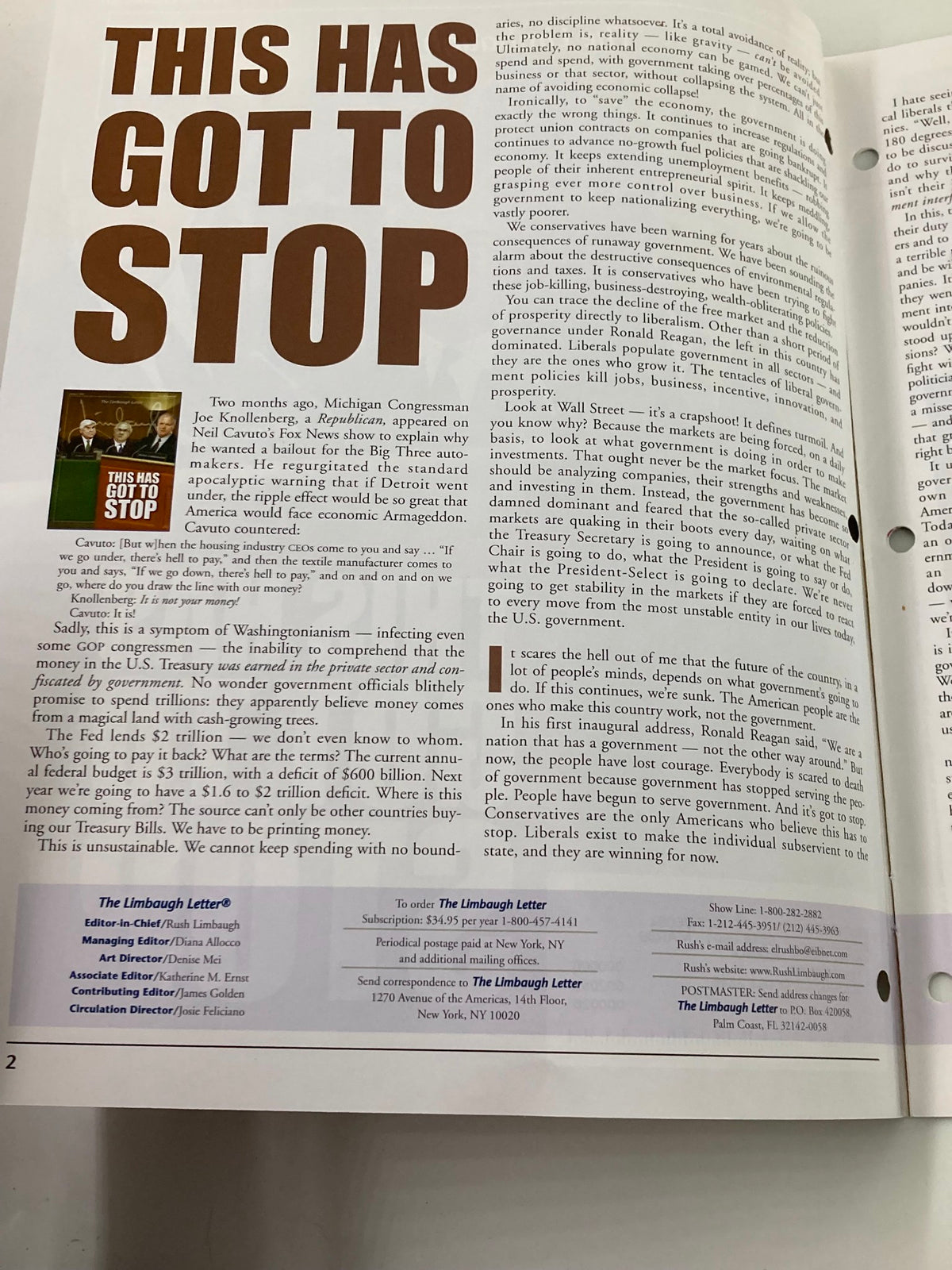 Rush Limbaugh Letter Newsletter January 2009 interior page with the message 'THIS HAS GOT TO STOP' discussing political issues.