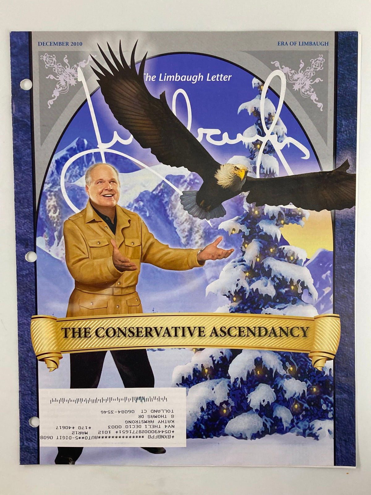 Rush Limbaugh Letter Newsletter December 2010 cover featuring an eagle and Rush Limbaugh in a snowy landscape with the title 'The Conservative Ascendancy'.