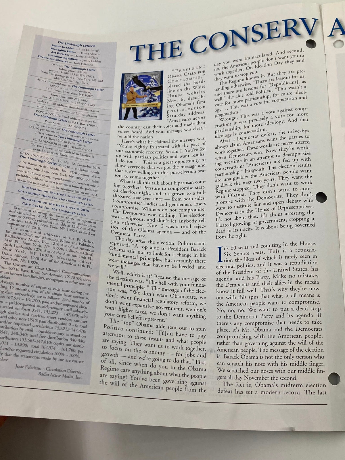 Inside page of the Rush Limbaugh Letter Newsletter December 2010 discussing themes of conservatism, featuring the title 'THE CONSERV AGENCY'.