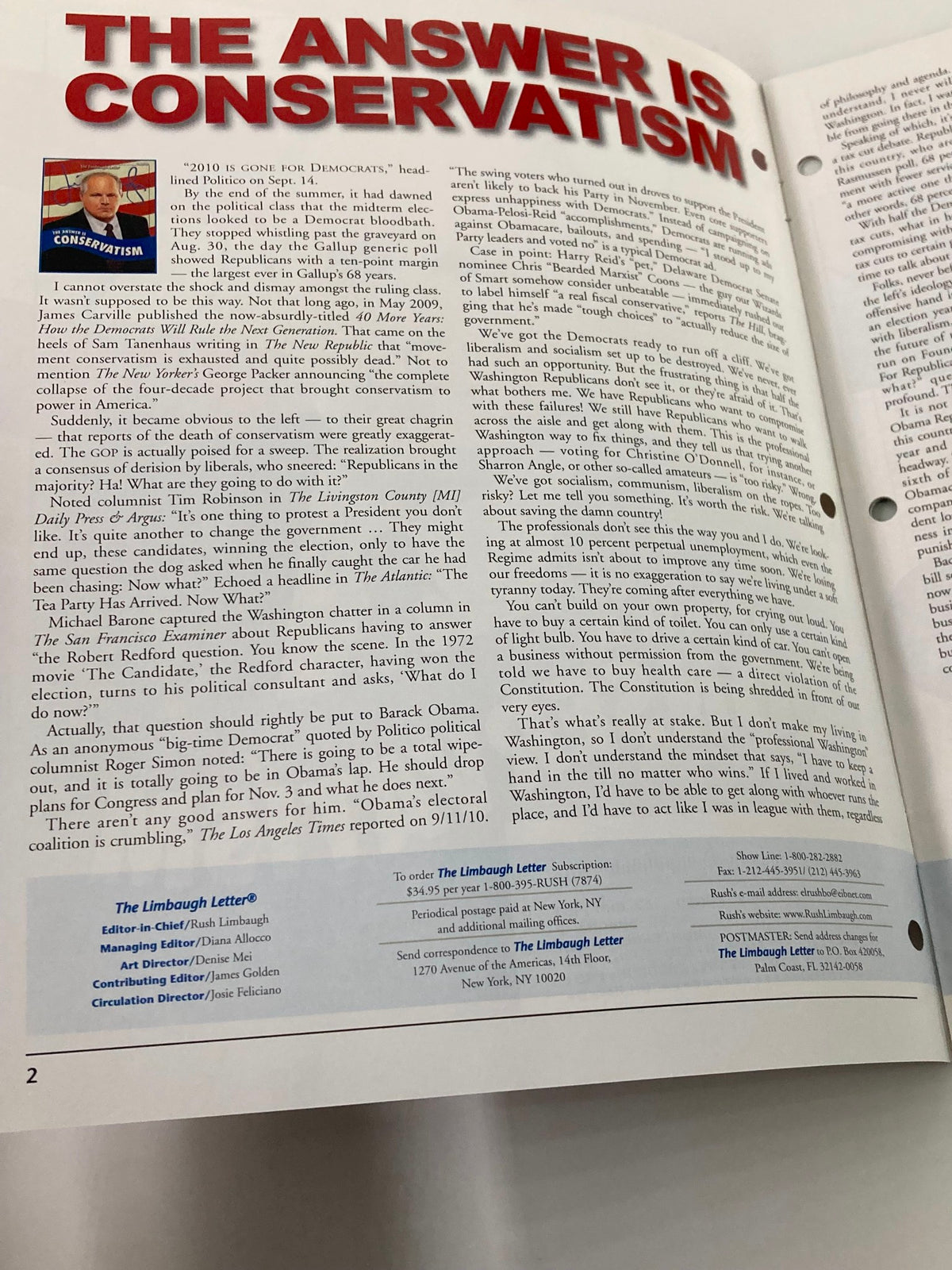 Inside page of the Rush Limbaugh Letter Newsletter Magazine from October 2010, featuring the title 'The Answer Is Conservatism' with commentary on political philosophies.