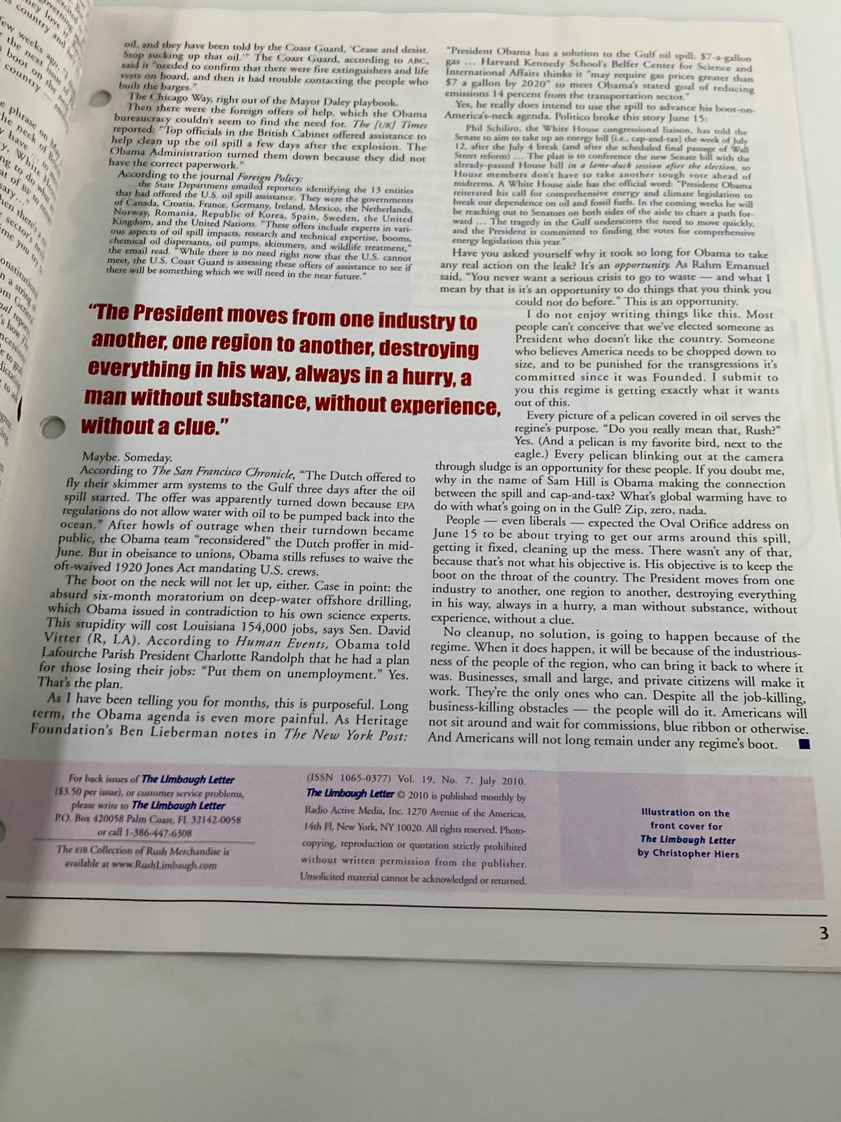 Image from the Rush Limbaugh Letters Newsletter Magazine July 2010 featuring a notable quote about political leadership reflecting on a pivotal time in American political culture.