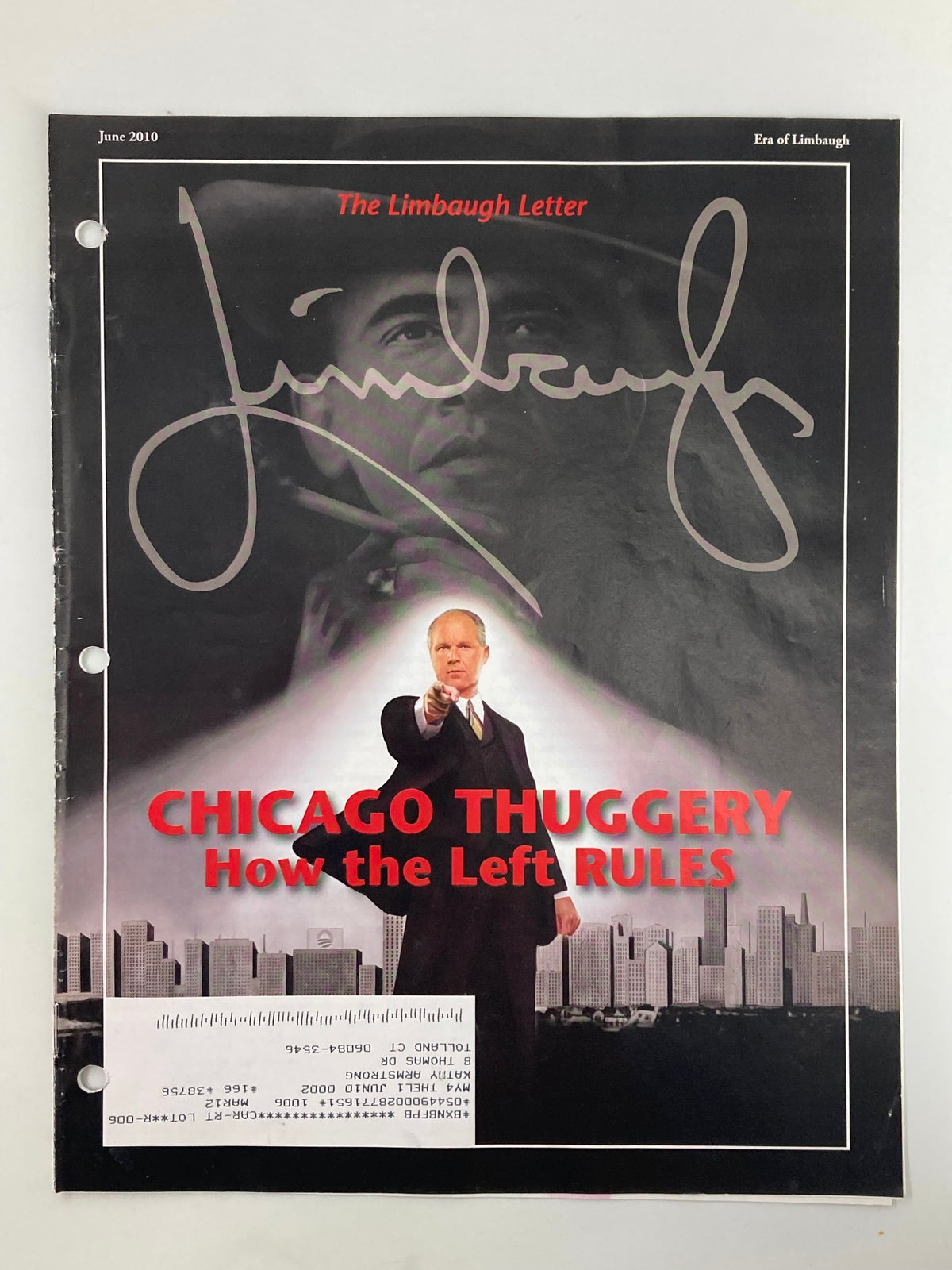 Rush Limbaugh Letter Newsletter Magazine cover from June 2010 featuring the title 'Chicago Thuggery: How the Left Rules,' showcasing an image of a speaker with a city skyline backdrop.