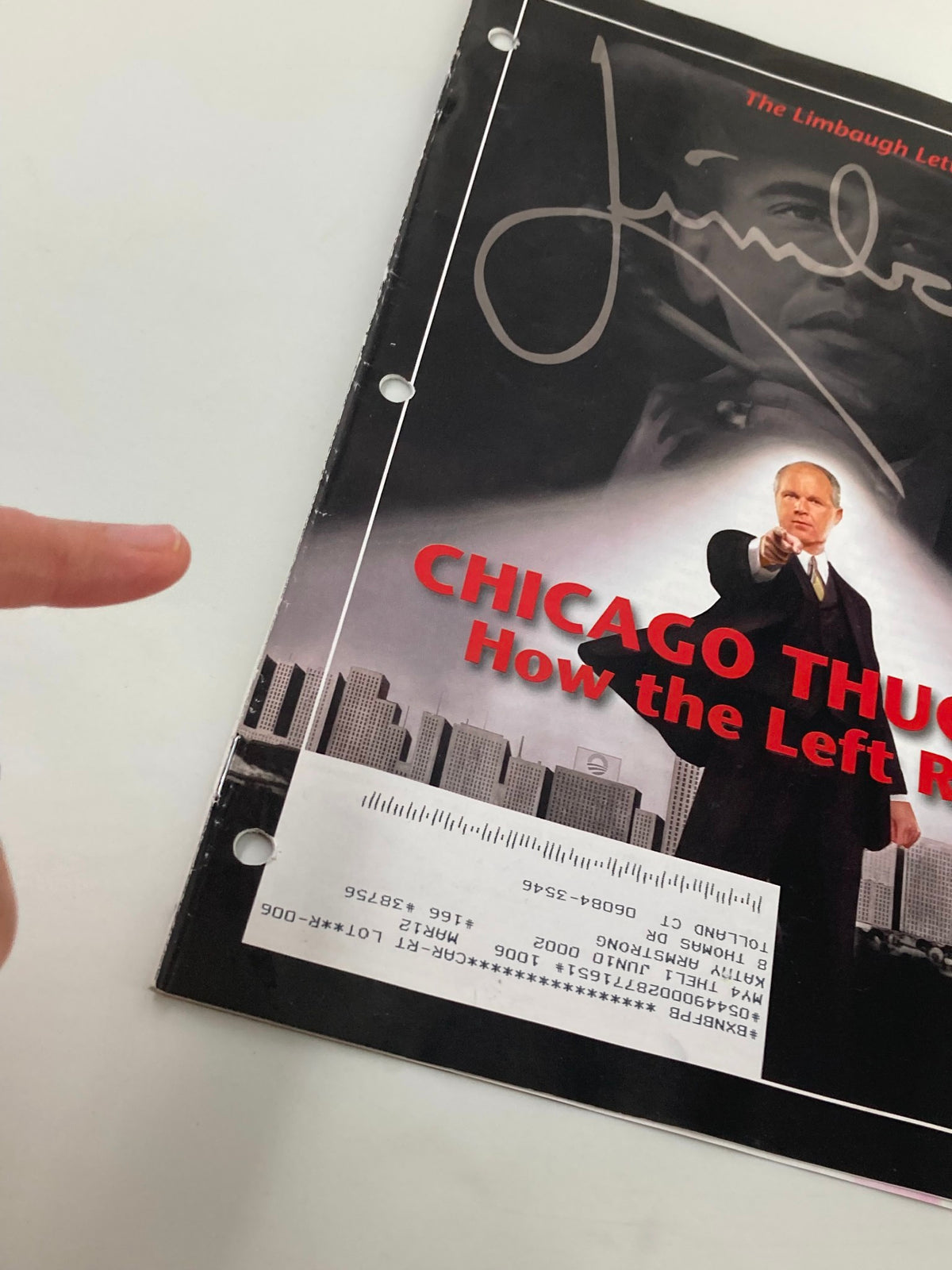 Close-up of the Rush Limbaugh Letter Newsletter Magazine from June 2010 highlighting the title 'Chicago Thuggery: How the Left Rules' with an emphasis on the magazine's details and design.