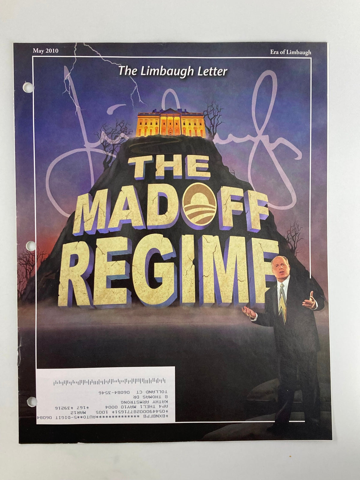 Rush Limbaugh Letter Newsletter Magazine May 2010 cover featuring bold text 'The Madoff Regime' with an illustration of Limbaugh and a dramatic background.