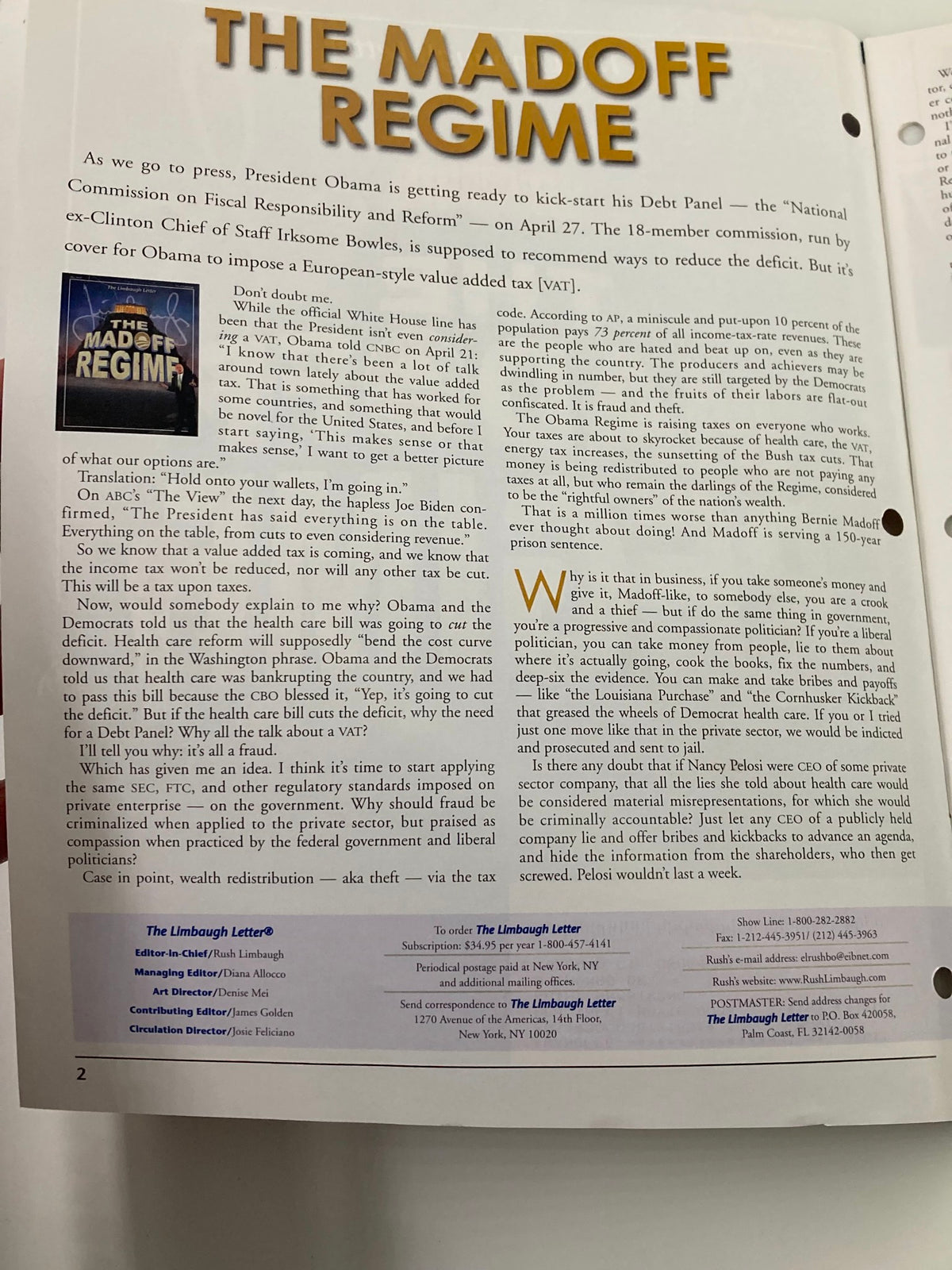 Inside page of the Rush Limbaugh Letter Newsletter Magazine May 2010 discussing President Obama's Debt Panel and the Madoff regime.