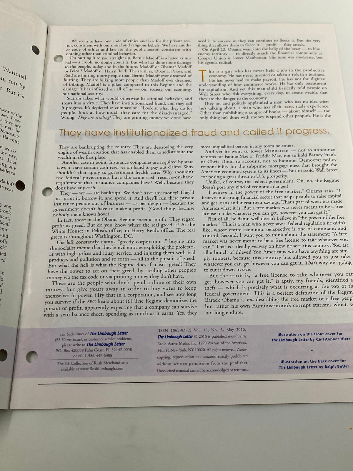 Another inside page of the Rush Limbaugh Letter Newsletter Magazine May 2010 highlighting the theme of institutionalized fraud linked to the Madoff regime.