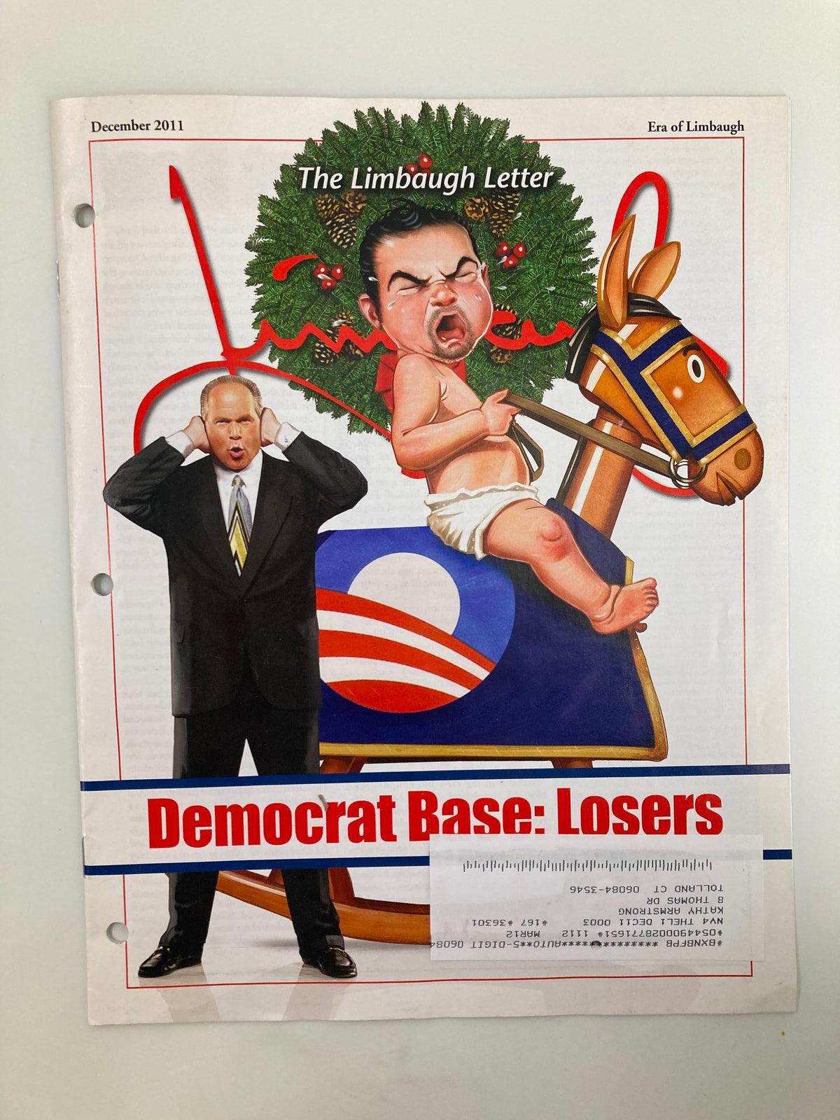 Cover of the Rush Limbaugh Letter Newsletter Magazine from December 2011, featuring satirical artwork related to political commentary with the title 'Democrat Base: Losers'.