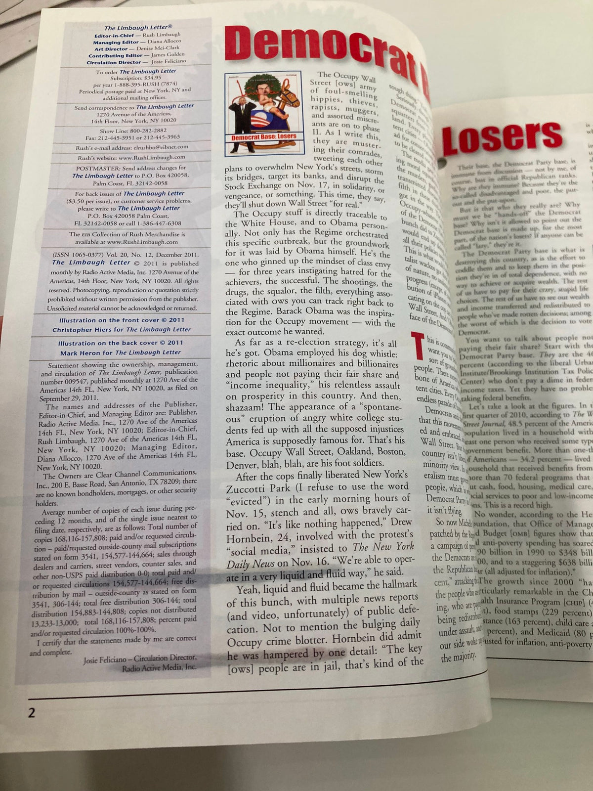 Interior page of the Rush Limbaugh Letter Newsletter Magazine from December 2011, showcasing an article titled 'Democrat Base: Losers' with insights on political events of that period.