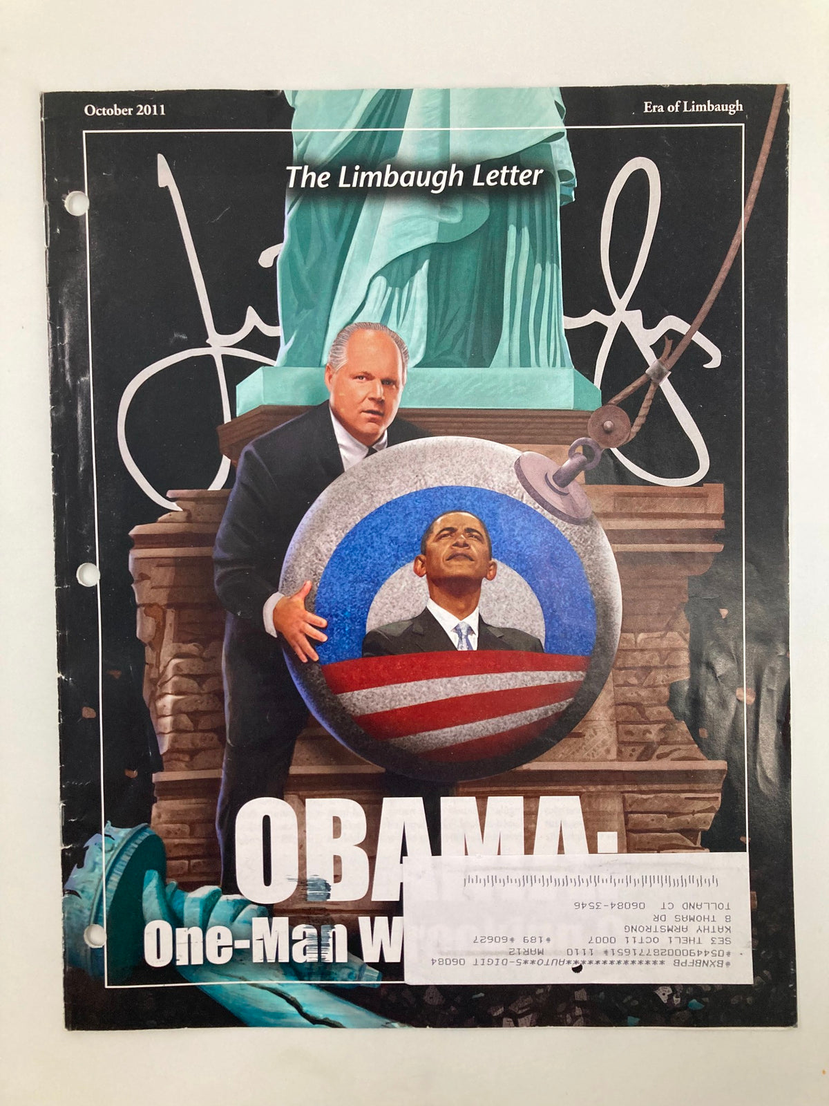 Cover of the Rush Limbaugh Letter Newsletter Magazine from October 2011, titled 'Wreck Crew,' featuring a political illustration of Rush Limbaugh amid a backdrop of the Statue of Liberty and a depiction of Barack Obama, reflecting on American political discourse.