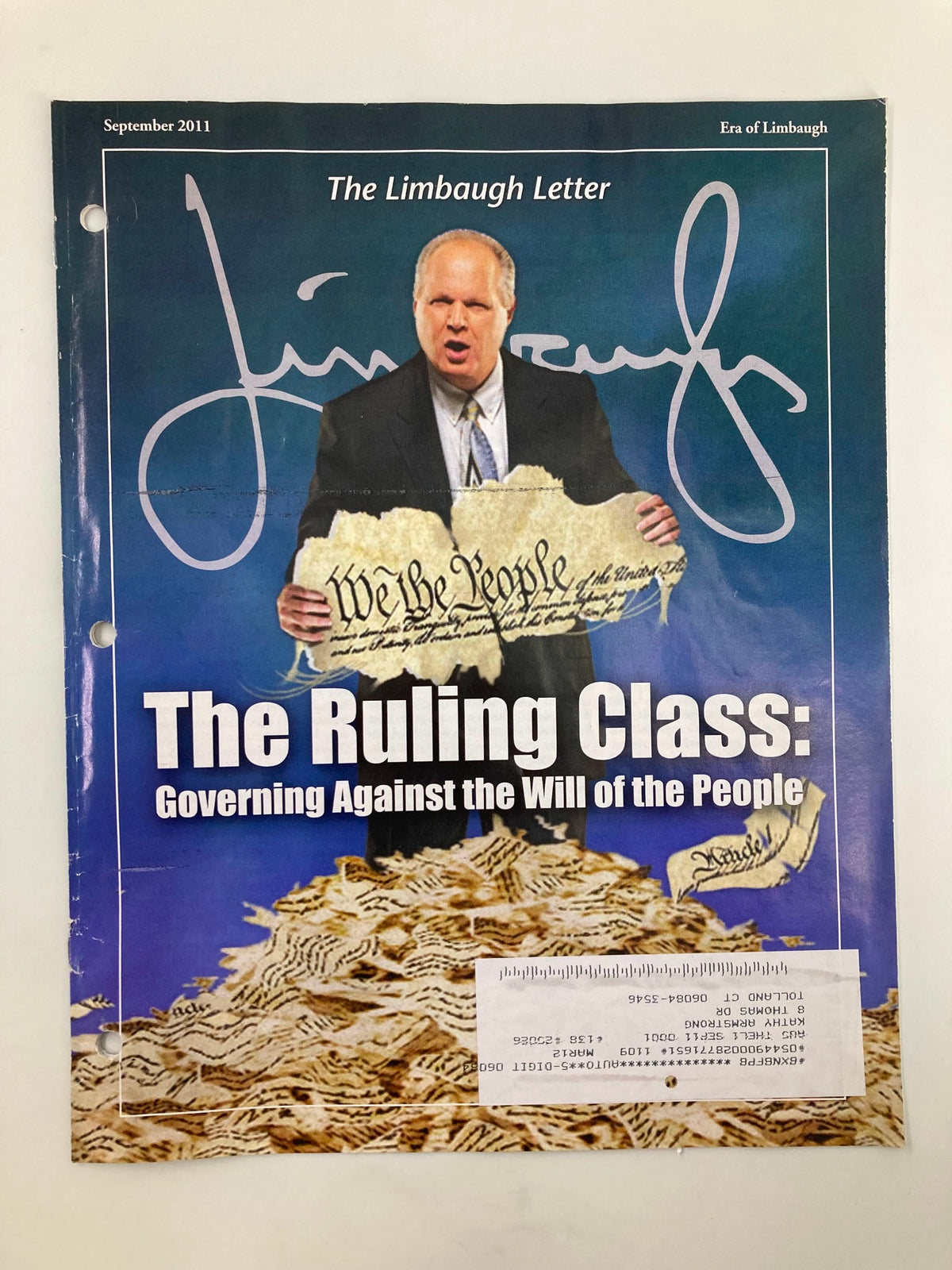 Rush Limbaugh Letter Newsletter Magazine from September 2011 titled 'The Ruling Class: Governing Against the Will of the People'. The cover features a signature and a depiction of a historic document with the phrase 'We the People', highlighting the magazine's political themes.