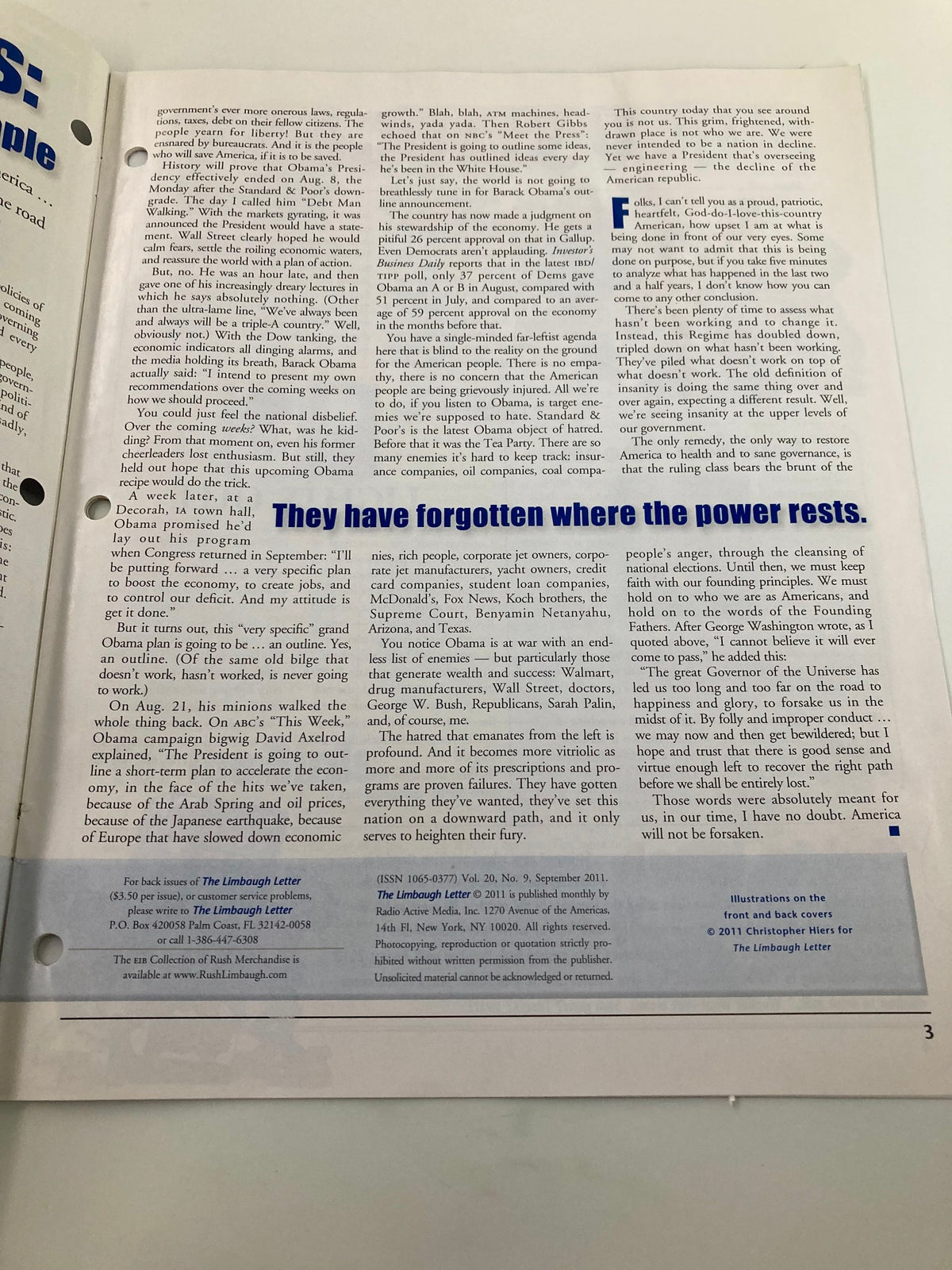 Rush Limbaugh Letter Newsletter Magazine September 2011 page with commentary on the political landscape, highlighting the dynamics of power in governance and societal issues.
