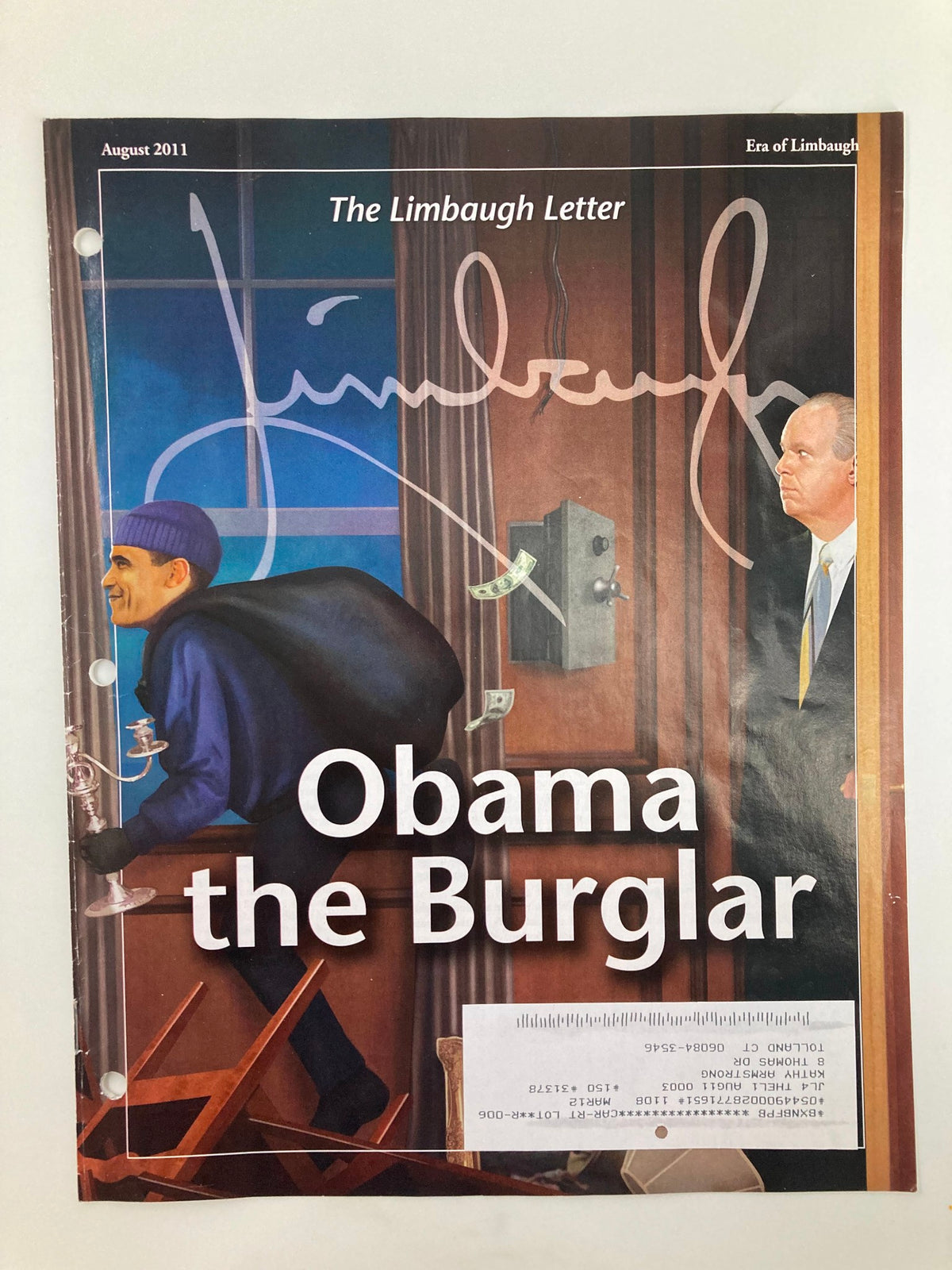 Rush Limbaugh Letter Newsletter Magazine August 2011 cover featuring the illustration titled 'Obama the Burglar', depicting a burglar and a political figure, reflecting socio-political commentary.