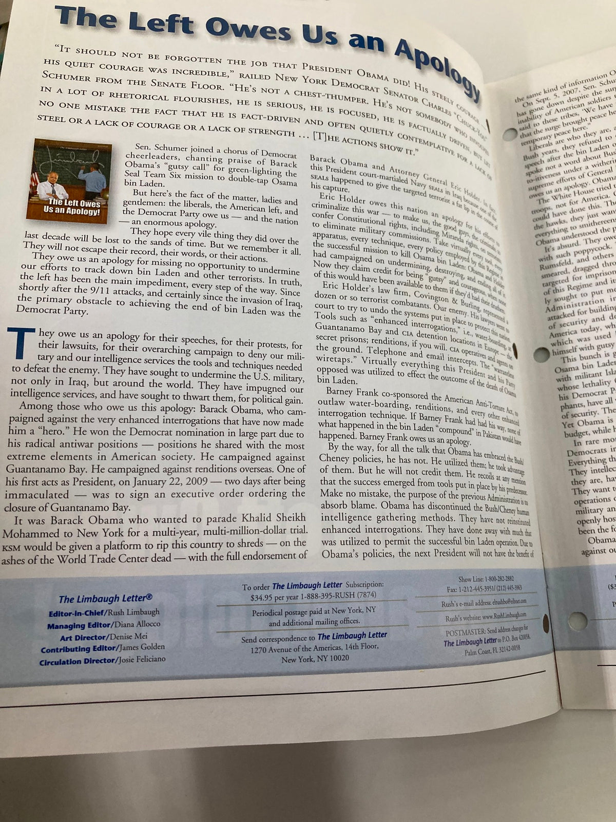 Interior page of the Rush Limbaugh Letter Newsletter Magazine, June 2011, showcasing an article titled 'The Left Owes Us an Apology', discussing political commentary and issues relevant to the time.