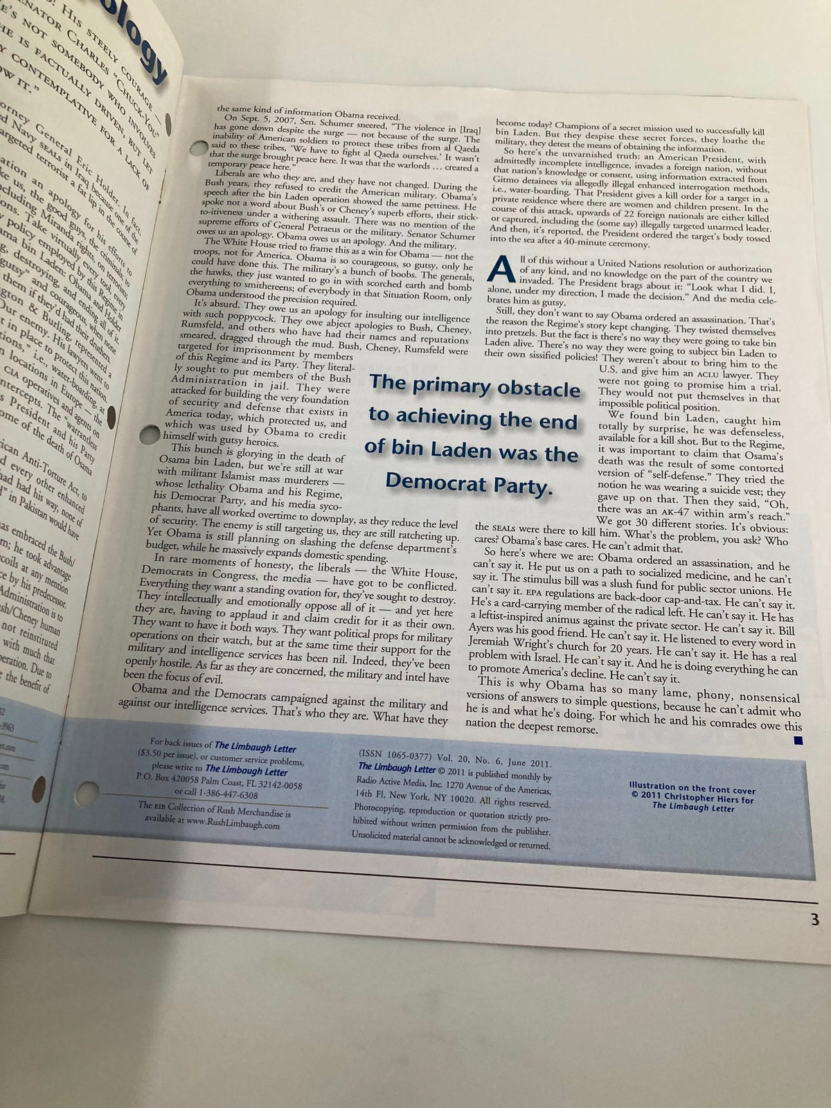Second interior page of the Rush Limbaugh Letter Newsletter Magazine, June 2011, highlighting a discussion on political obstacles during the Obama administration, emphasizing the article’s theme of accountability.