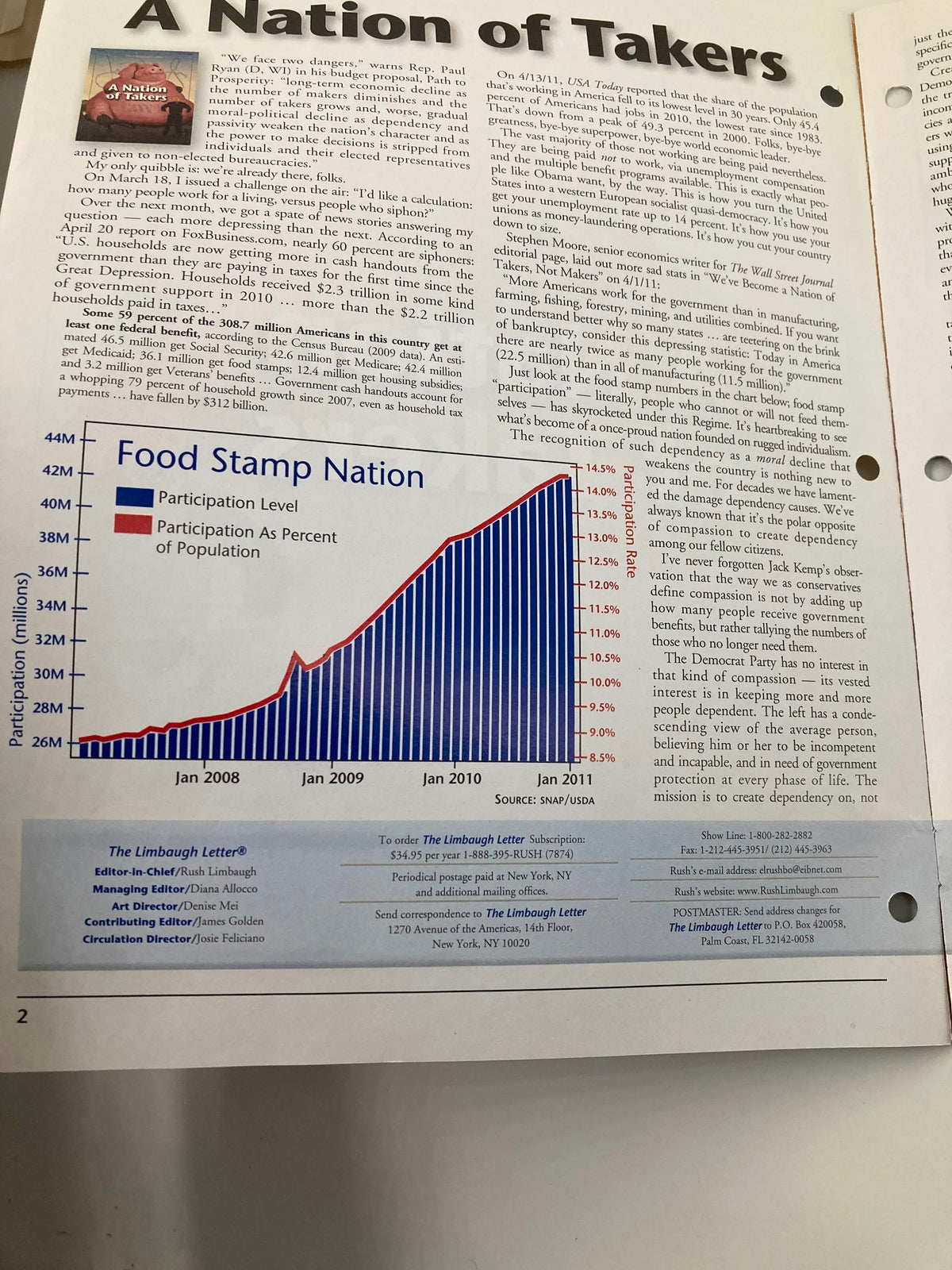 Inside page of the Rush Limbaugh Letter Newsletter Magazine from May 2011 discussing food stamp participation trends in America, related to the theme 'A Nation of Takers'.