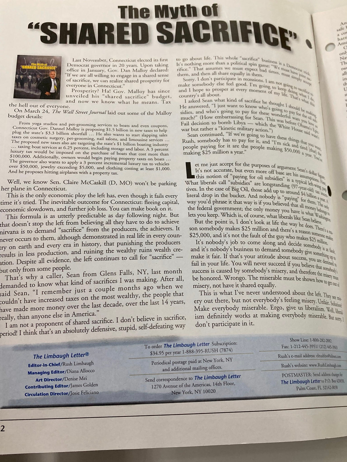 Inside page of the Rush Limbaugh Letter Newsletter Magazine April 2011 discussing the theme 'The Myth of Shared Sacrifice' with accompanying text and images.