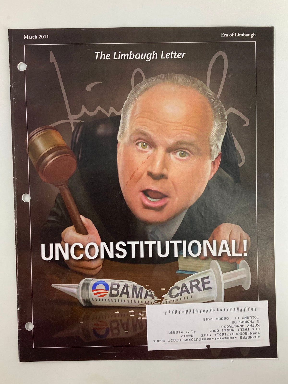 Rush Limbaugh Letter Newsletter Magazine March 2011 cover featuring the headline 'UNCONSTITUTIONAL!' with a gavel and an image of Rush Limbaugh, highlighting discussions on Obamacare.