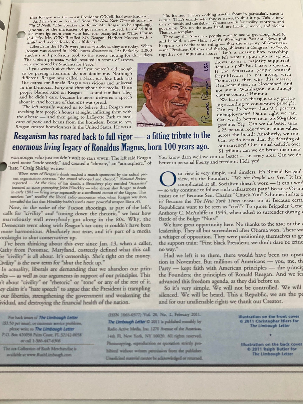 Another inside page from the Rush Limbaugh Letter Newsletter Magazine February 2011, highlighting Ronald Reagan's contributions and the revival of Reaganism.