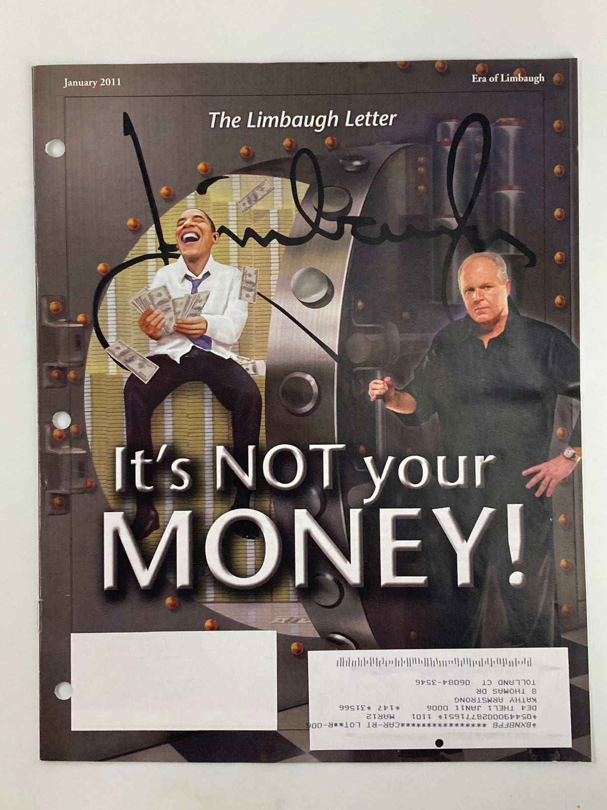 Rush Limbaugh Letter Newsletter Magazine January 2011 cover featuring the headline 'It's NOT your MONEY!' with a caricature of Rush Limbaugh and other imagery related to political commentary.