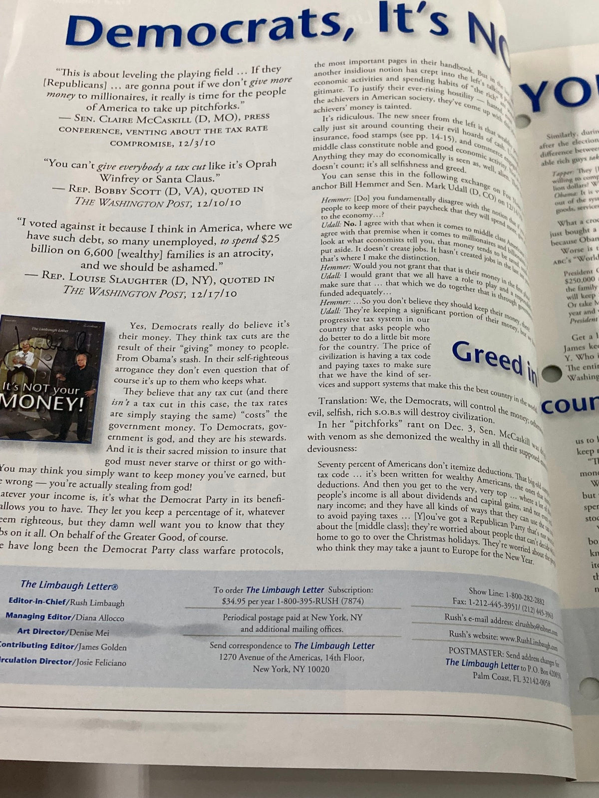 Inside page of the Rush Limbaugh Letter Newsletter Magazine January 2011 discussing political topics with a focus on economic policy and quotes from public figures.