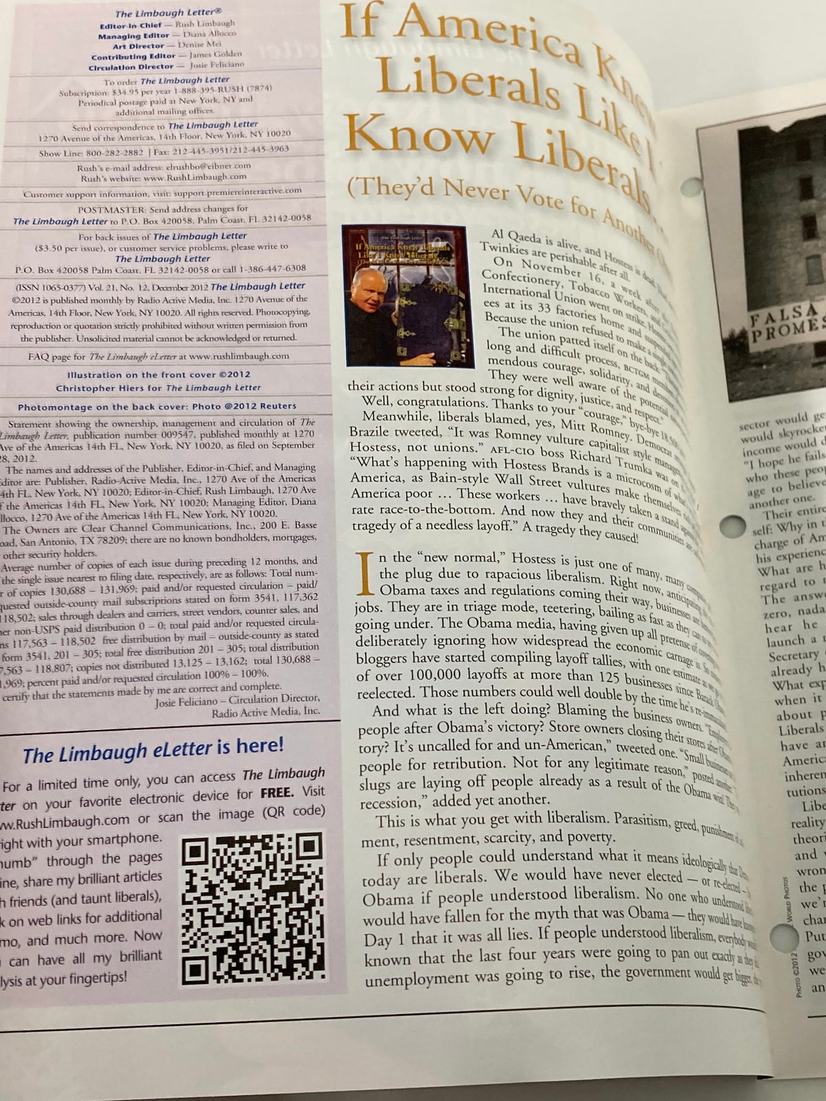 Inside view of the Rush Limbaugh Letter Newsletter Magazine December 2012, titled "The Handbook", showcasing articles and commentary on political issues with a QR code for online access.