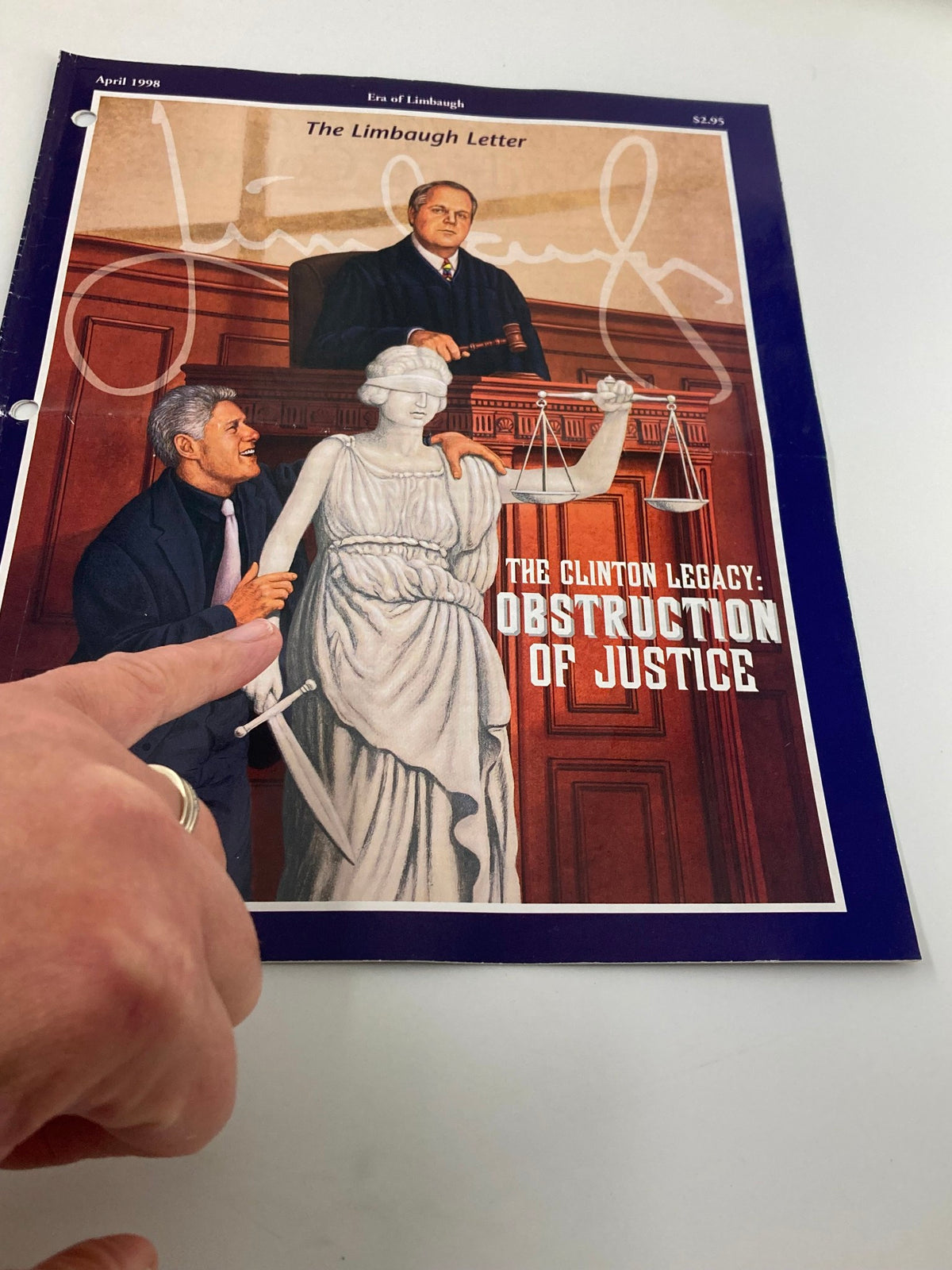 Cover of Rush Limbaugh Letter Newsletter Magazine from April 1998, titled 'The Clinton Legacy: Obstruction of Justice', featuring a courtroom scene with a statue of justice.