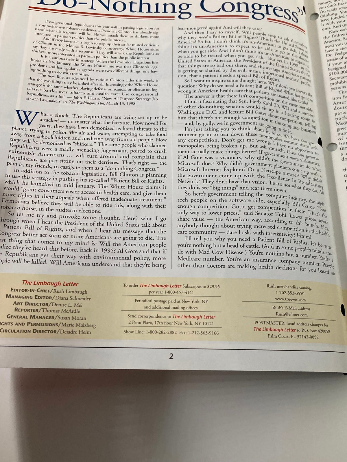 Page 2 from Rush Limbaugh Letter Newsletter Magazine April 1998, discussing the Republican Party and the Patient Bill of Rights.