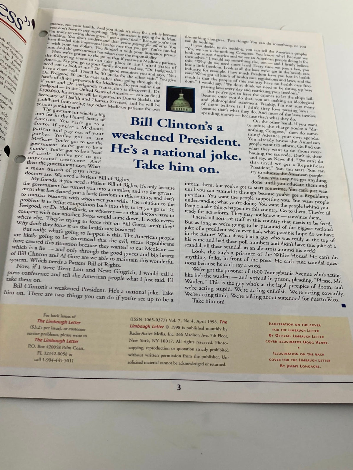 Page 3 from Rush Limbaugh Letter Newsletter Magazine April 1998, featuring commentary on Bill Clinton as a weakened President and the implications of health policies.
